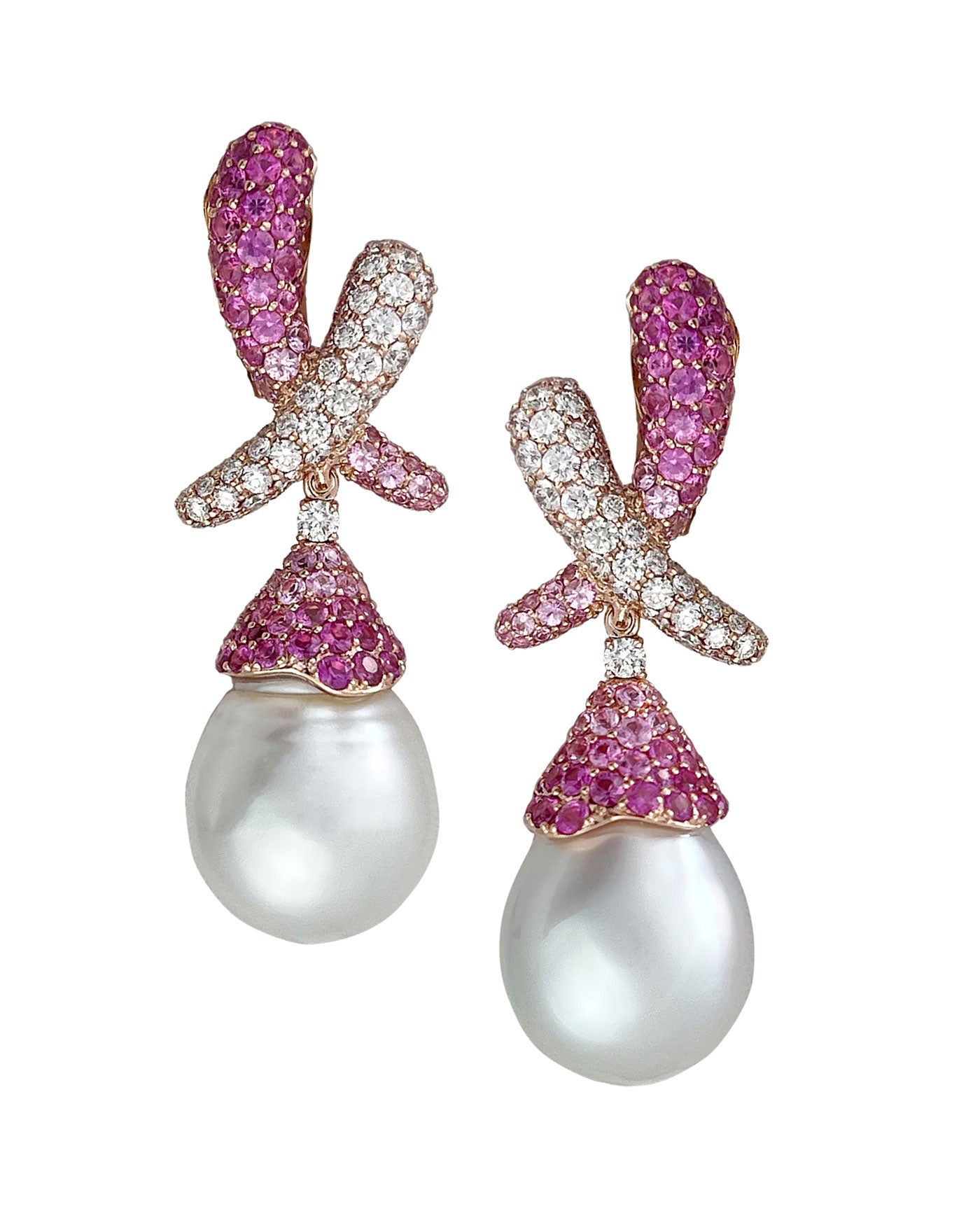 Kiss Pink Sapphire and Diamonds with Pearl Drop Earrings
