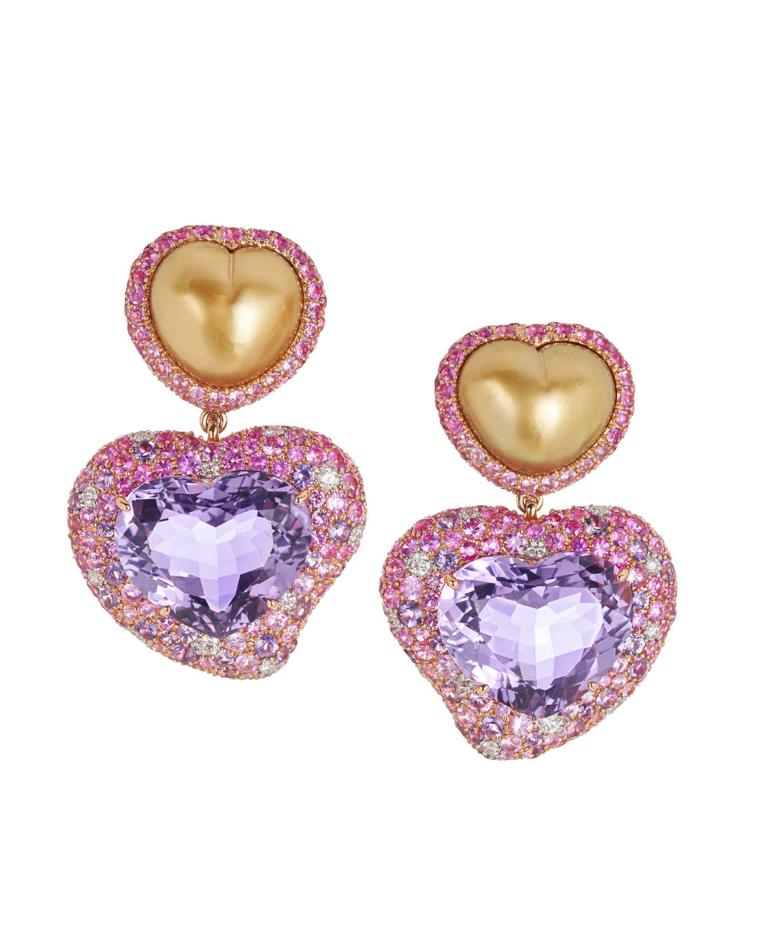 Golden Pearl and Amethyst Heart Earrings