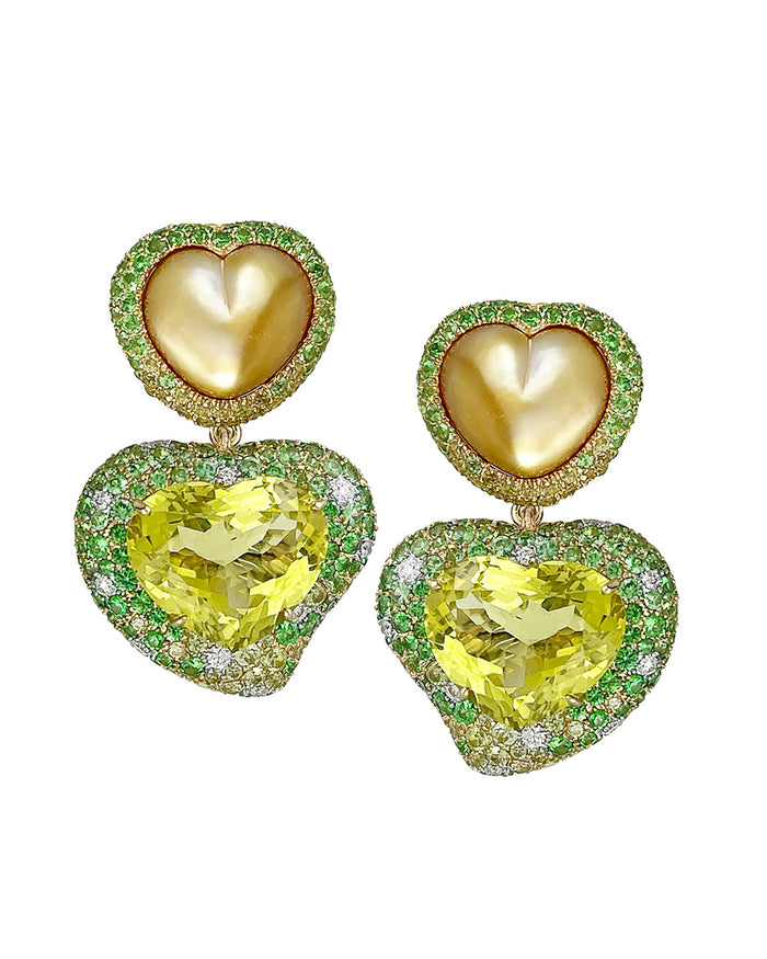 Golden Pearl and Lemon Quartz Heart Earrings