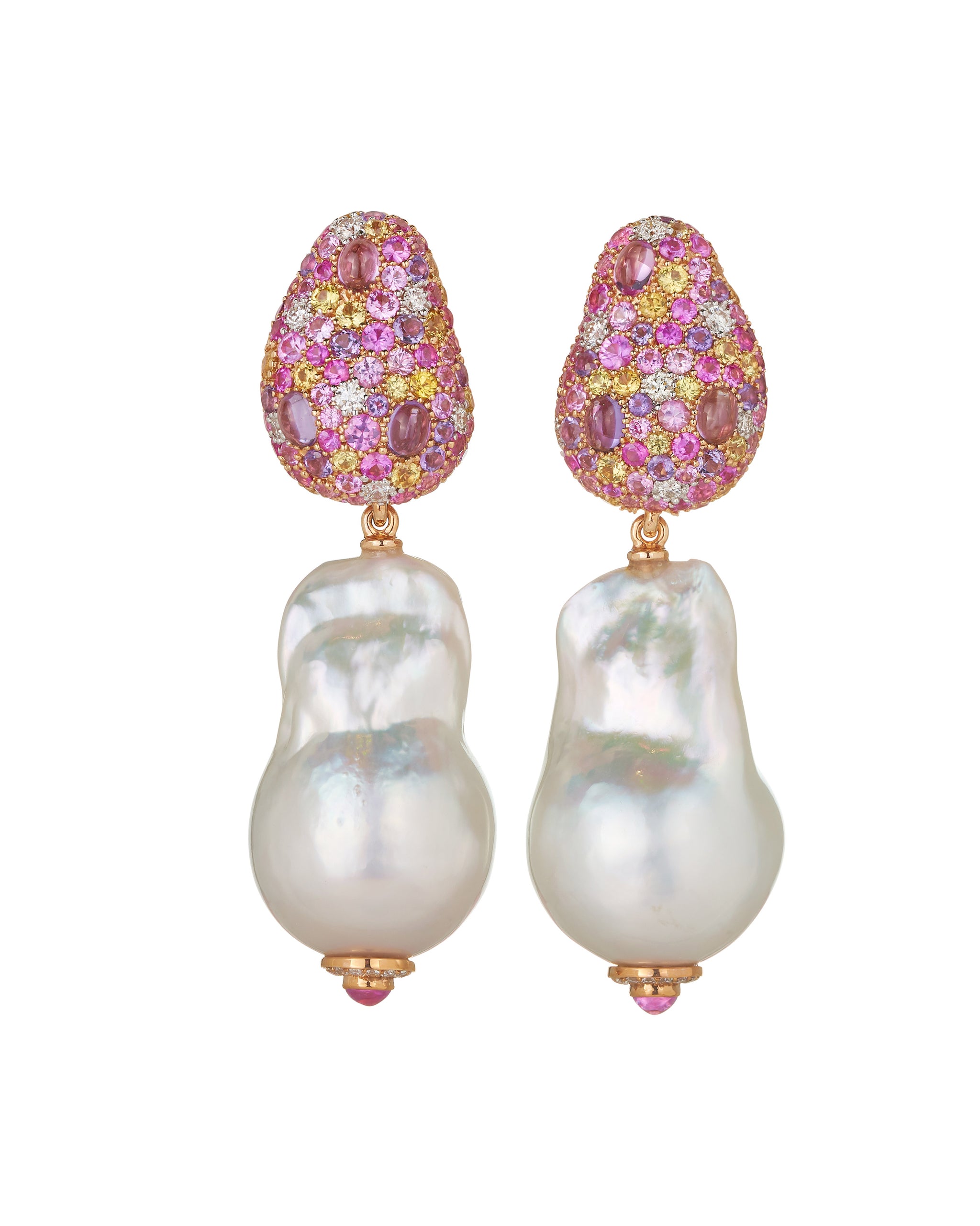 Mini Pink Sapphire Jellybean and Pearl Drop Earrings