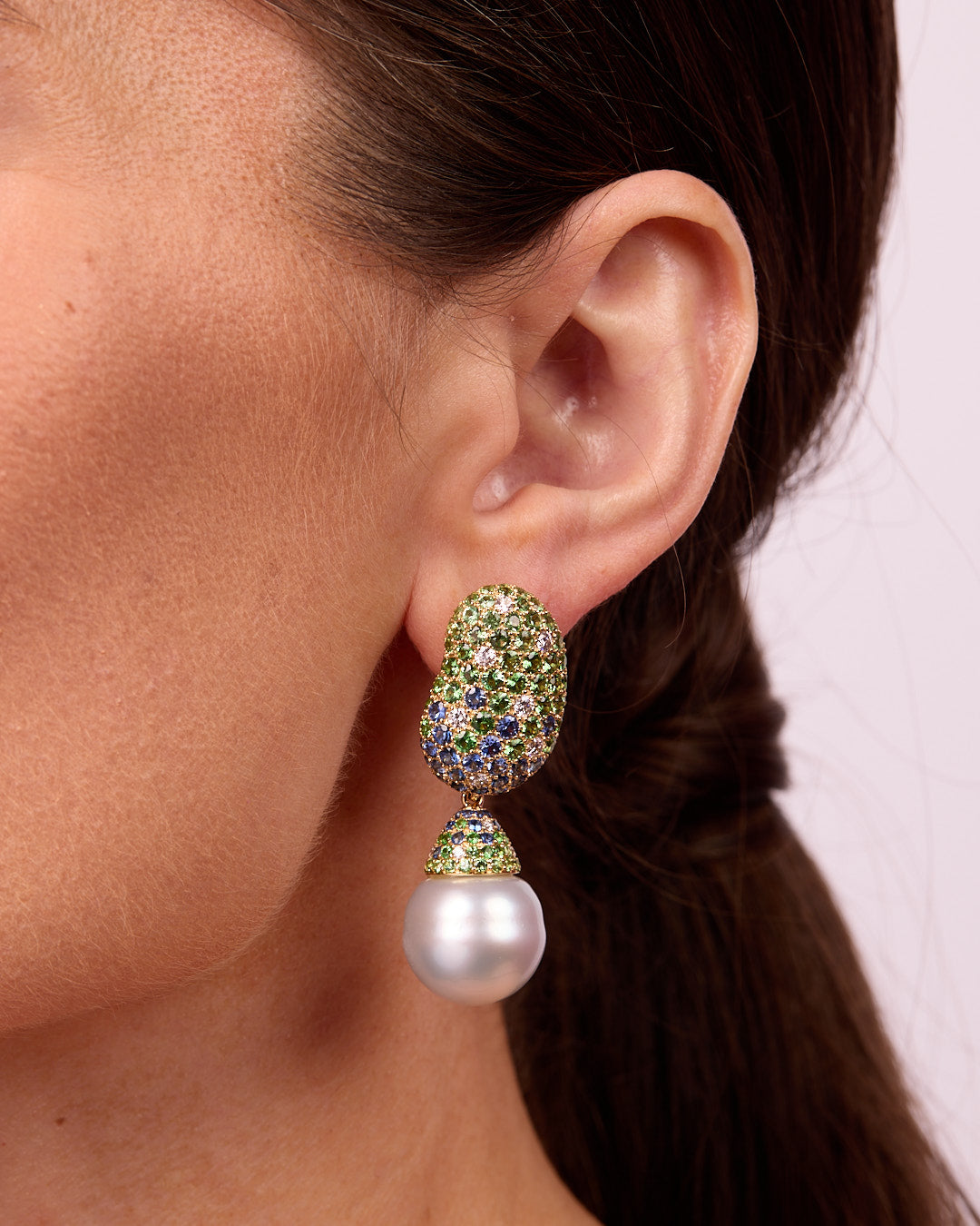 Jelly Bean Sapphire, Tsavorite and Diamonds with Pearl Drop Earrings