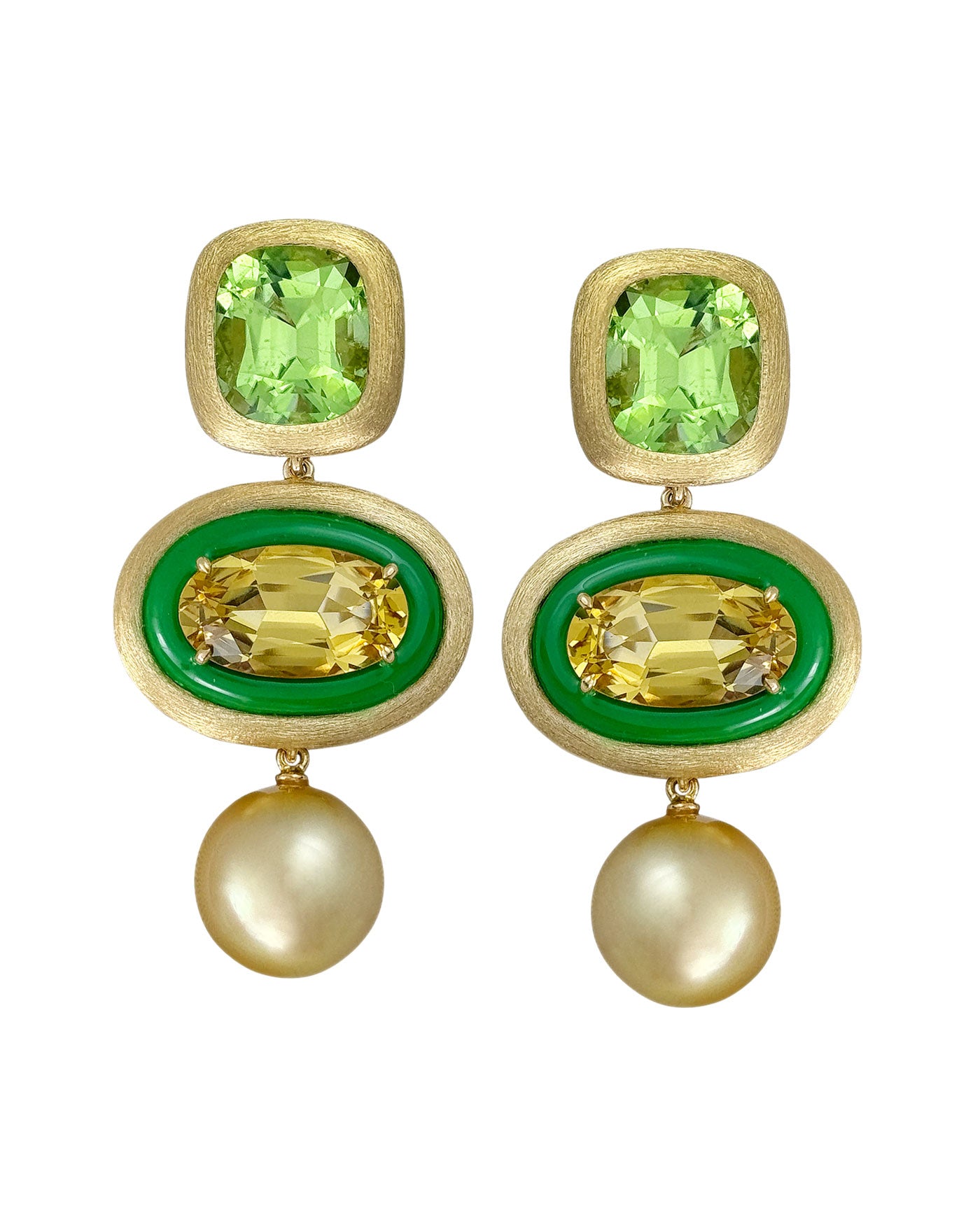 Nomad Green Tourmaline, Golden Beryl and Pearl Earrings