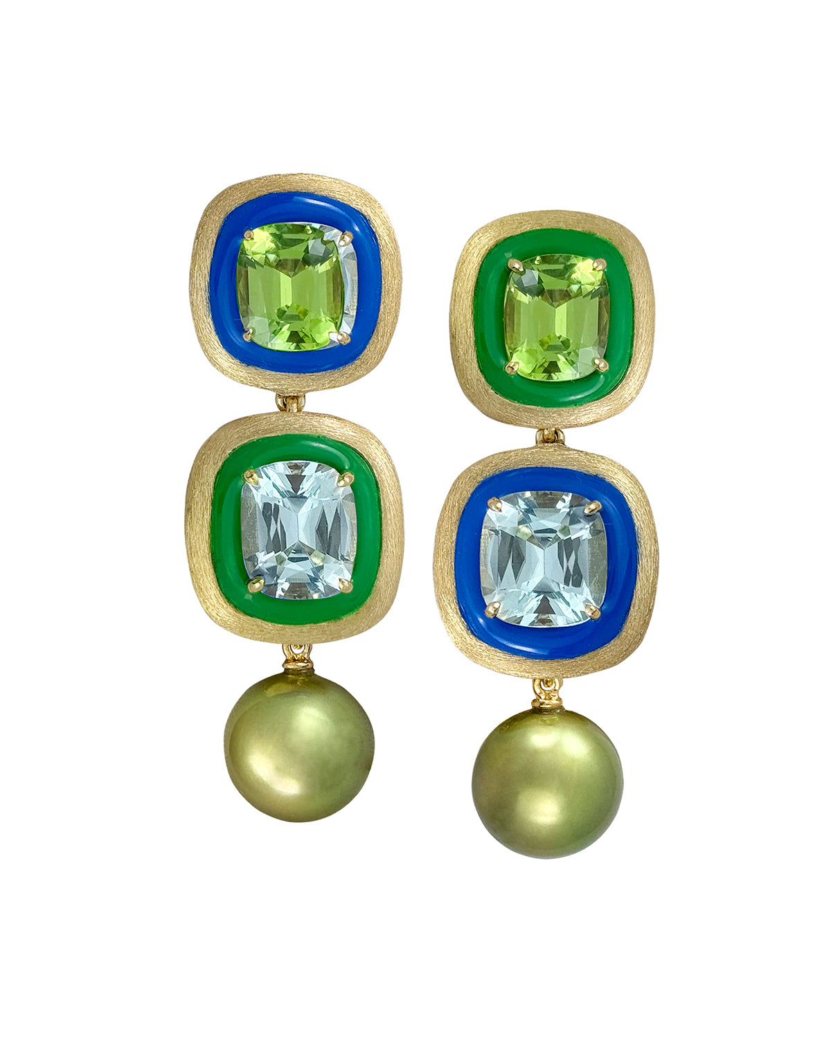 Blue Topaz, Peridot and Pistachio Pearl Earrings
