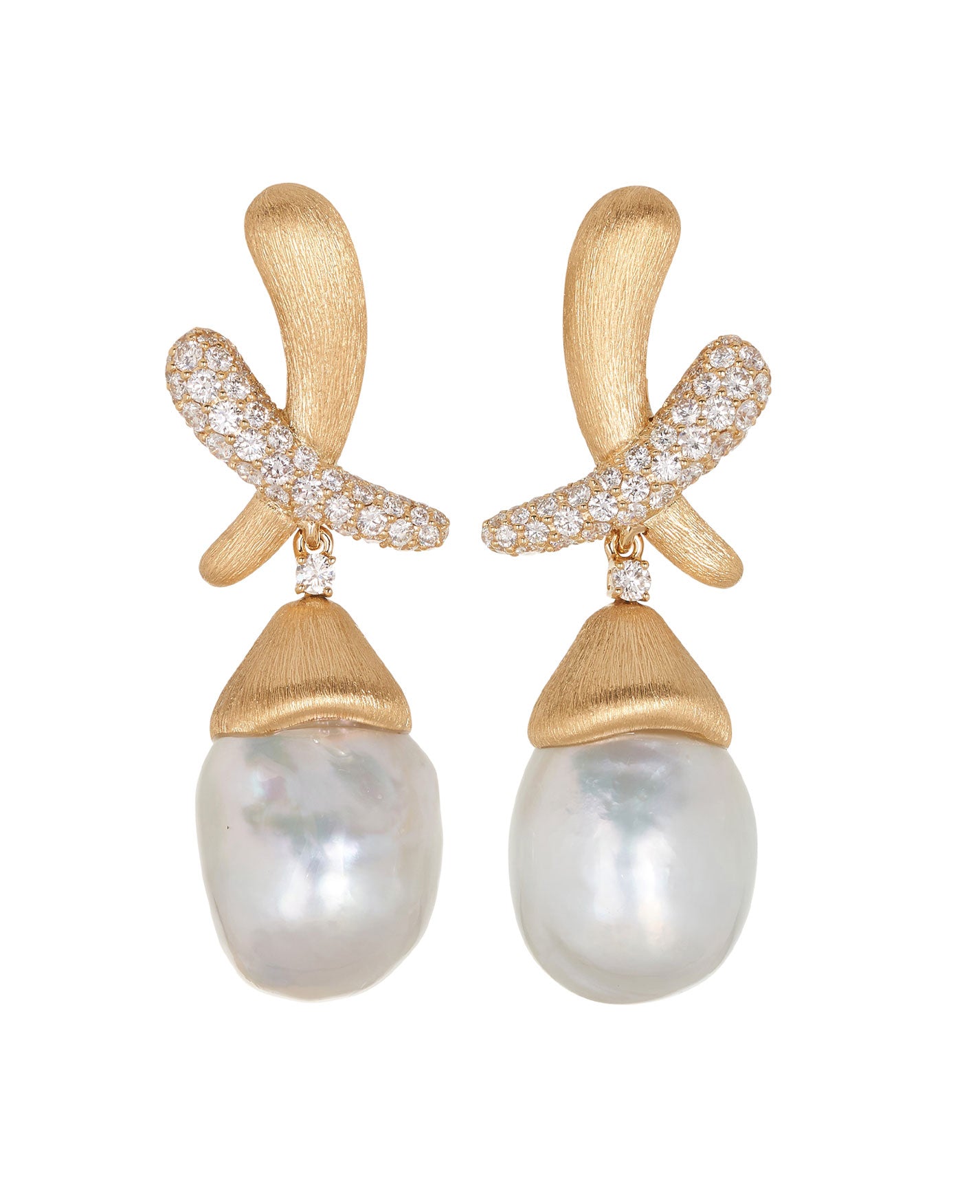 Kiss Brushed Yellow Gold Diamond with Pearl Drop Earrings