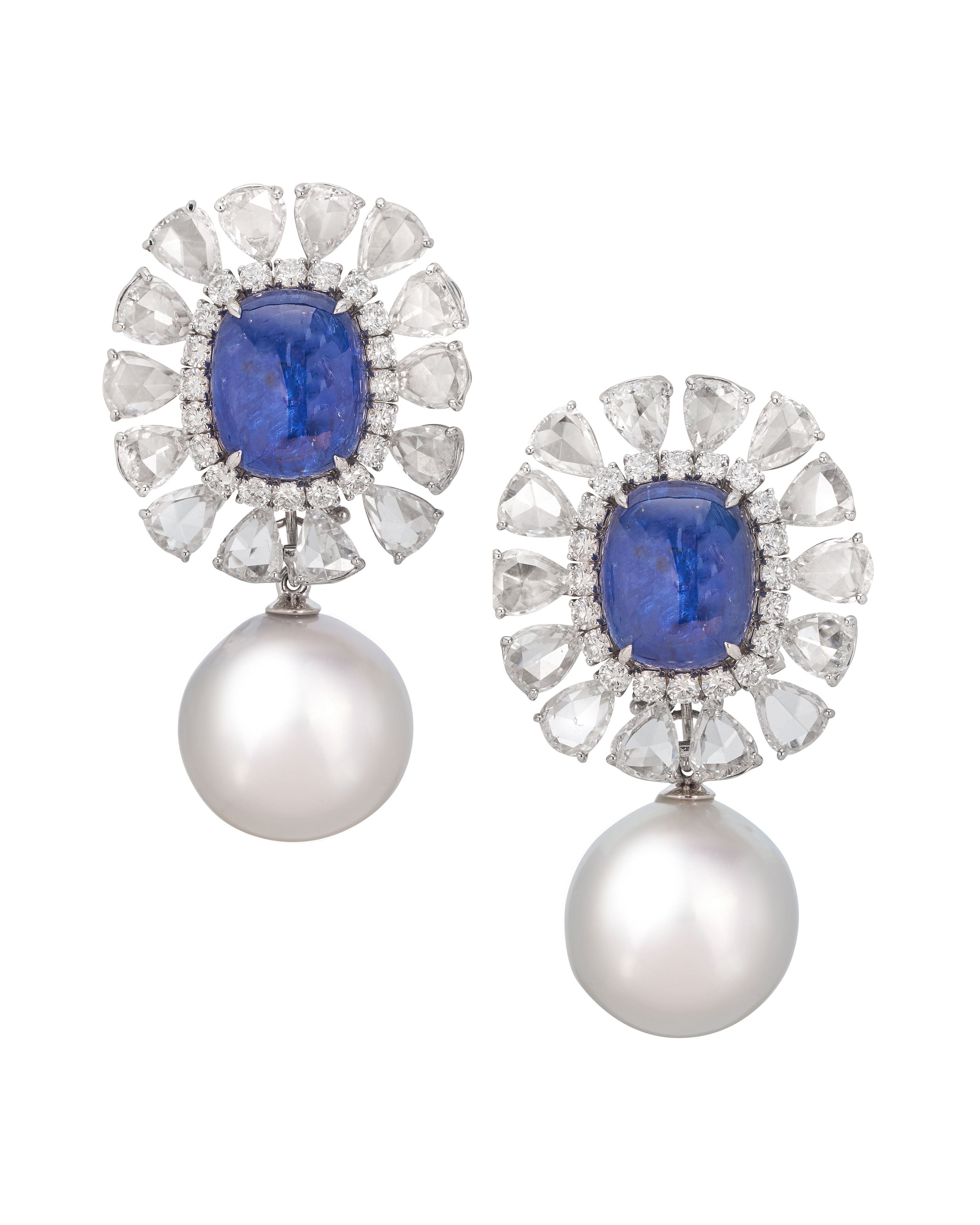 Sapphire, Diamond and Pearl Drop Earrings