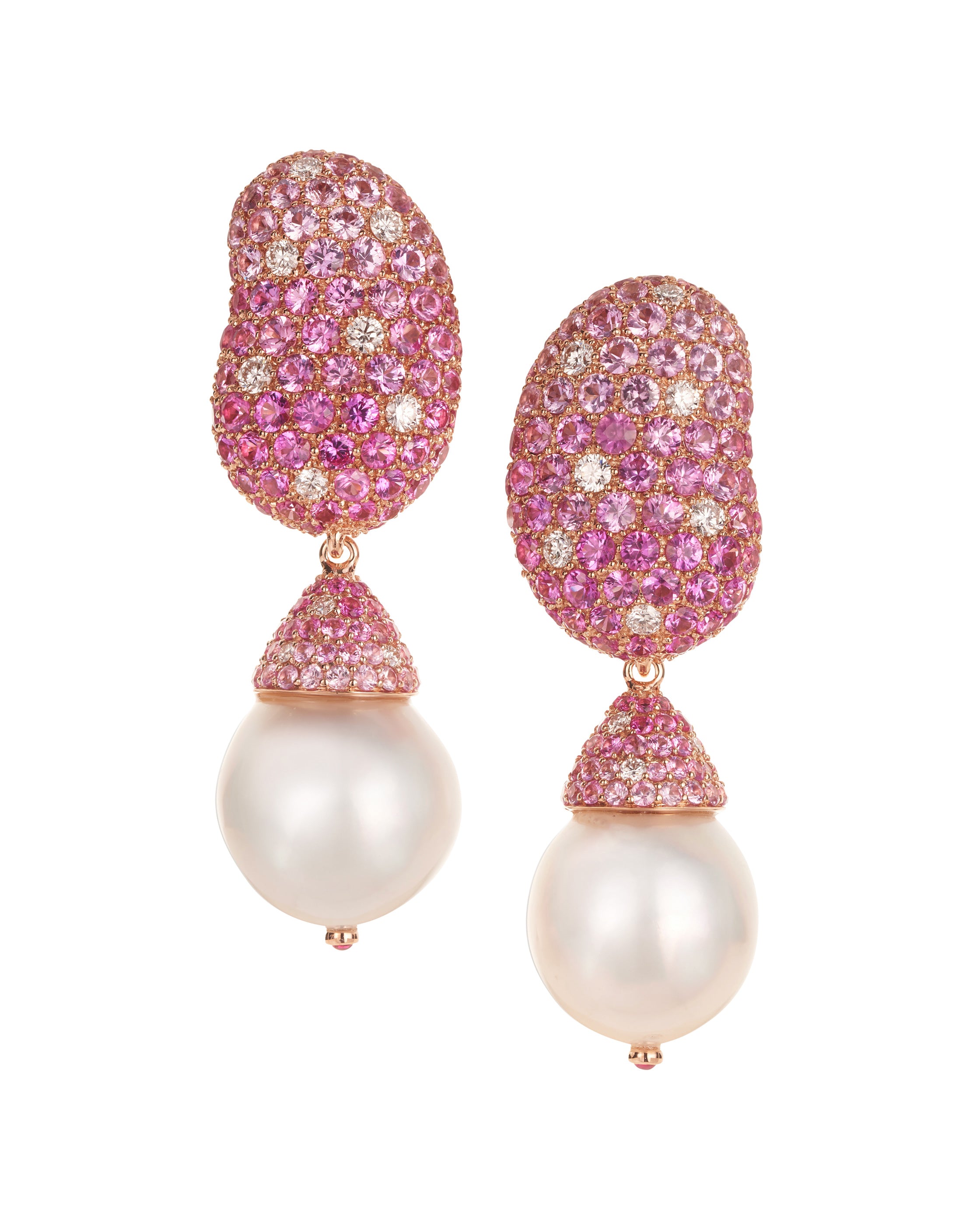 Jelly Bean Diamond and Pink Sapphire with Pearl Drop Earrings