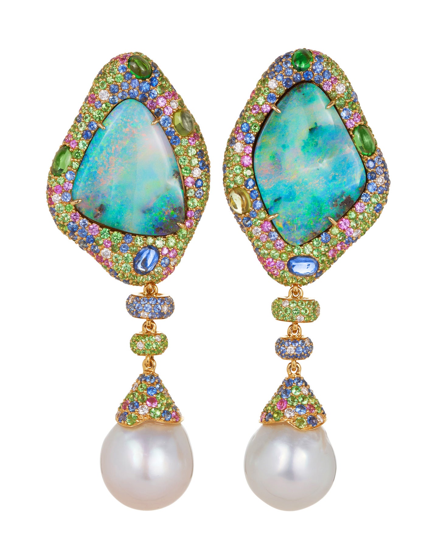 Australian Boulder Opal 32.20ct Earrings surrounded by Diamonds, Blue Sapphires, Pink Sapphires, Tsavorite, Peridot and South Sea Pearl Drops