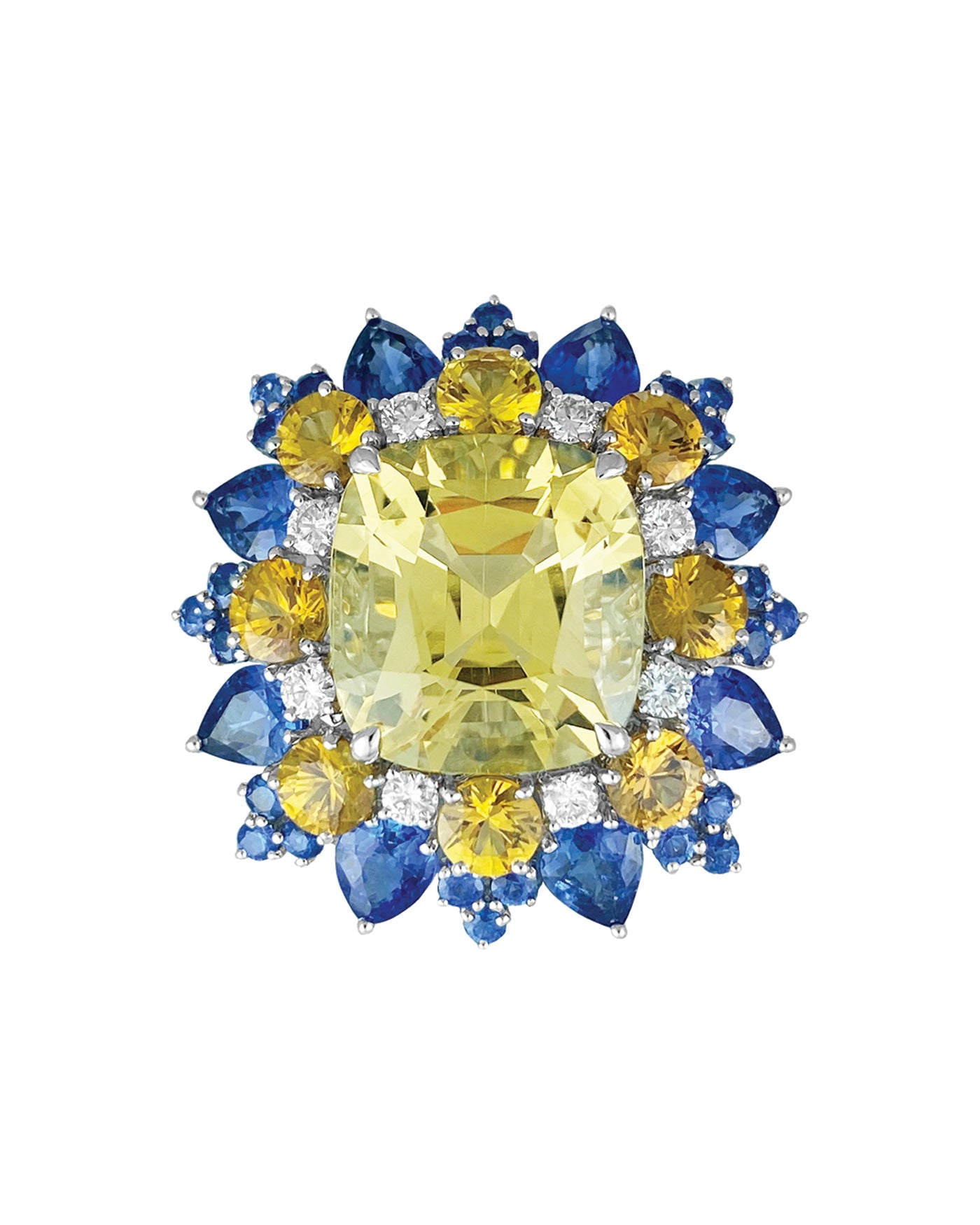 Yellow Beryl & Multi-Colour Stone Ring, crafted in 18 Karat White Gold