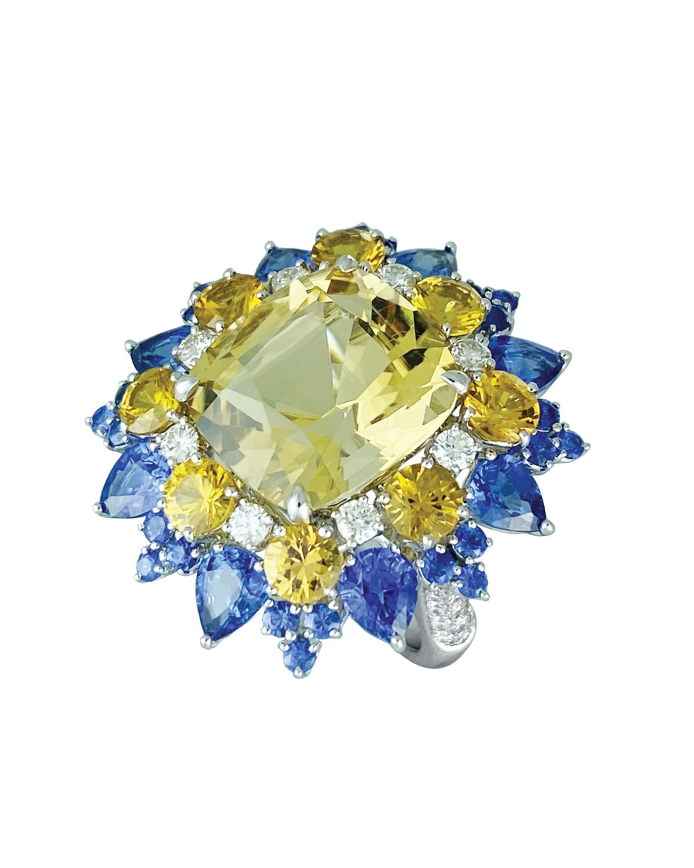 Yellow Beryl & Multi-Colour Stone Ring, crafted in 18 Karat White Gold