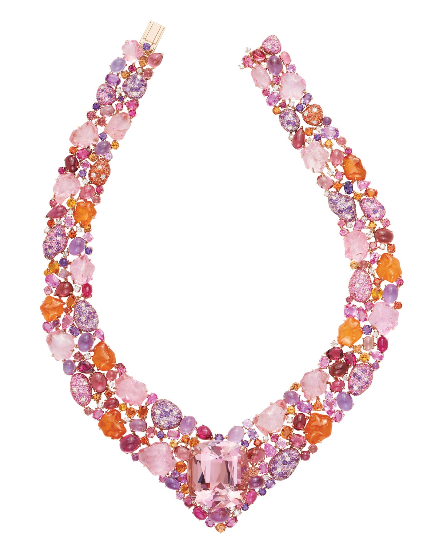 Morganite and Mandarin Garnet Collier featuring Diamonds, Pink, Orange and Purple Sapphires, Amethyst and Pink Tourmalines