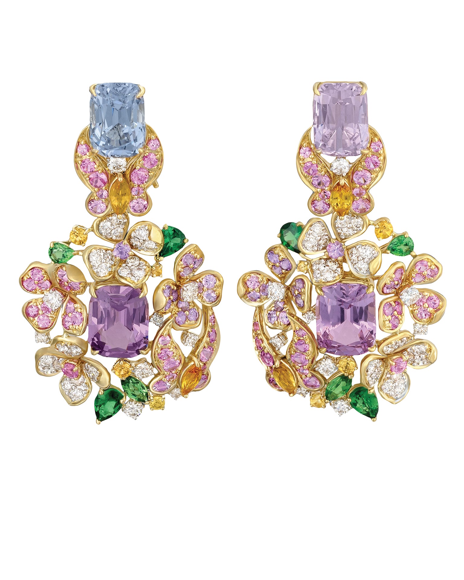 "Papillon" pink, purple, and violet spinels  surrounded by butterflies and flowers with a myriad of sapphires, tsavorite garnets and diamonds, crafted in 18 karat yellow gold.