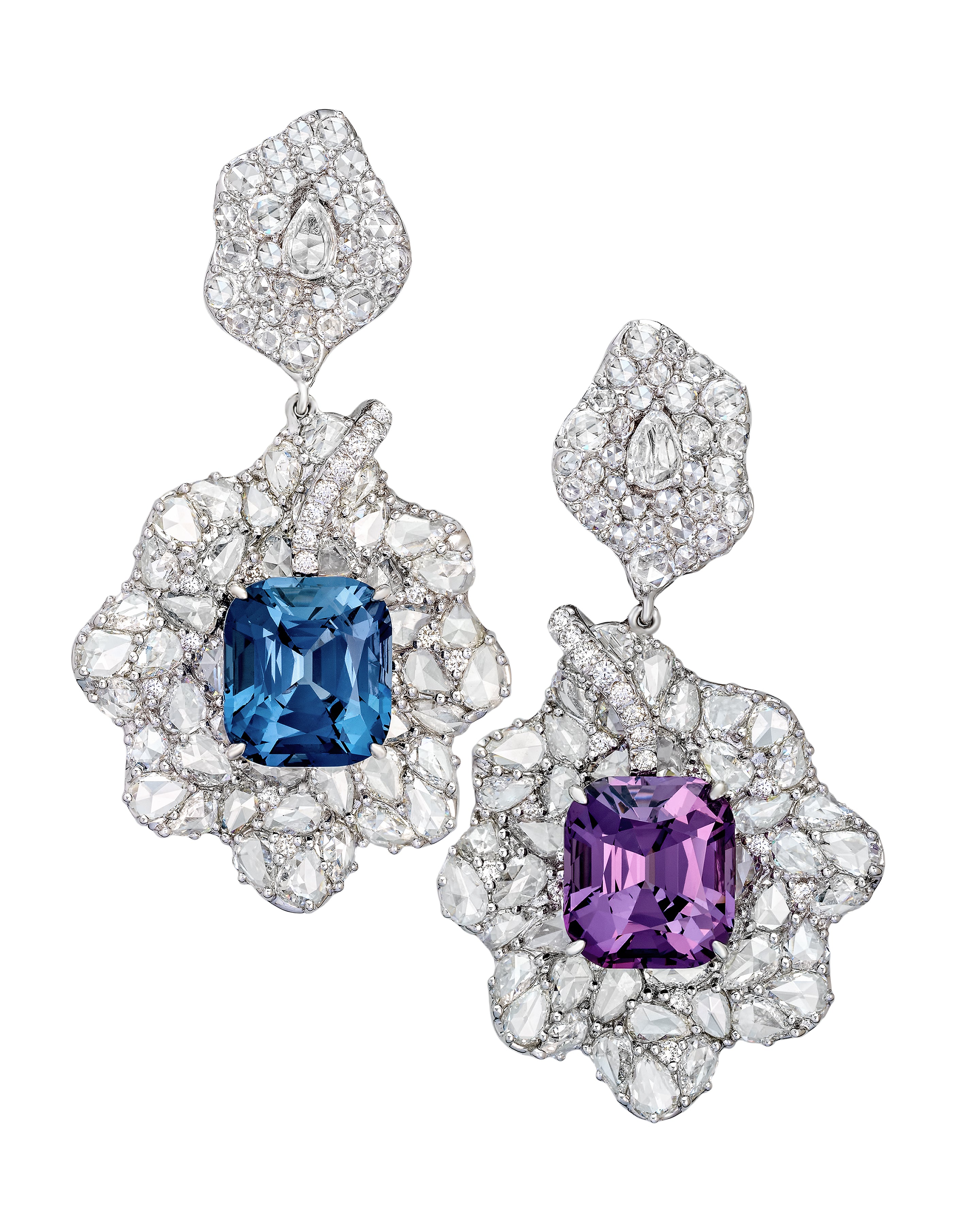 Spinel Mix Match Earrings with violet and blue 18.02ct spinels enhanced with diamonds, crafted in 18 karat white gold .
