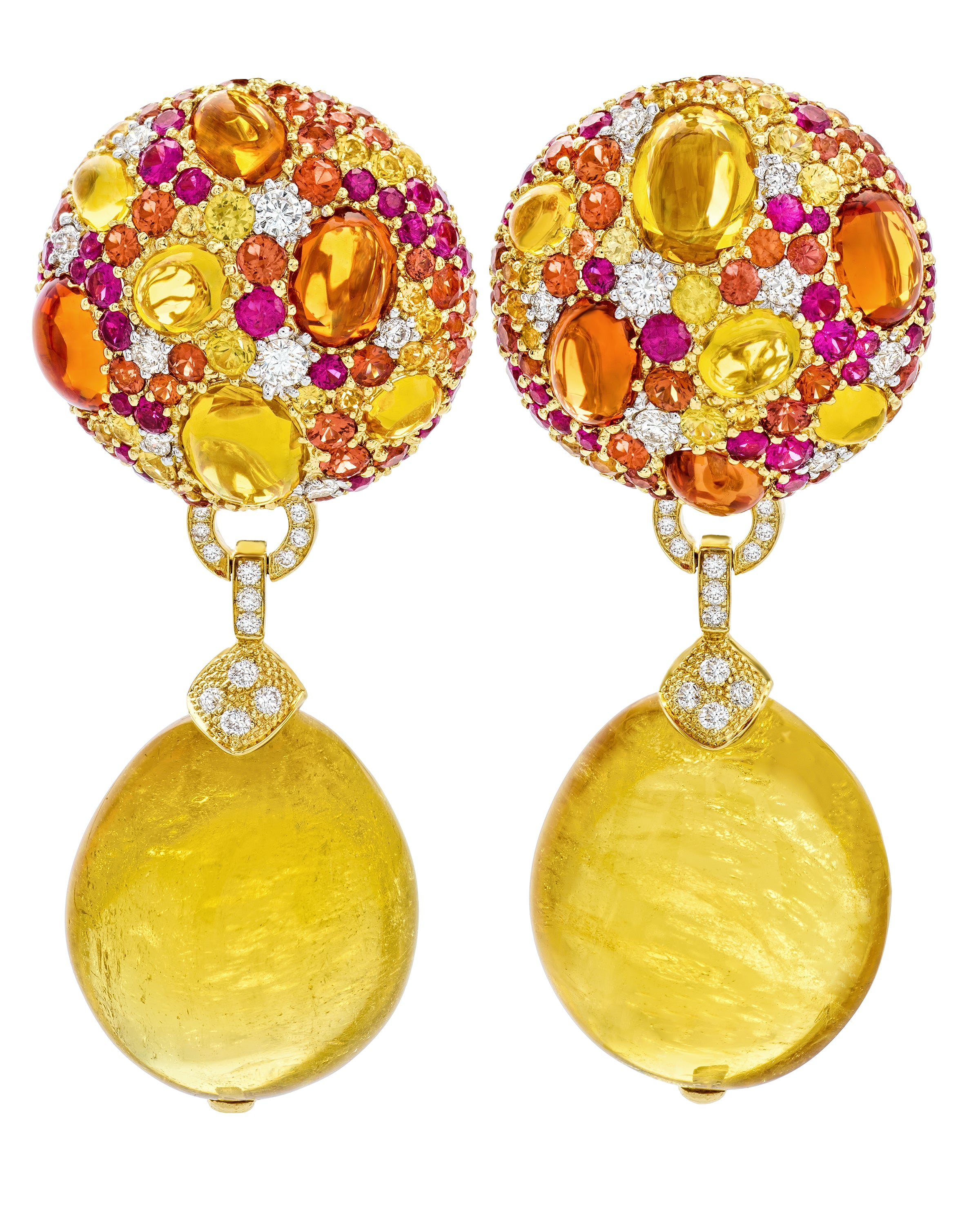 Marigold cookie earrings with golden beryl drops and tops enhanced with a myriad of gemstones and diamonds, crafted in 18 karat yellow gold.