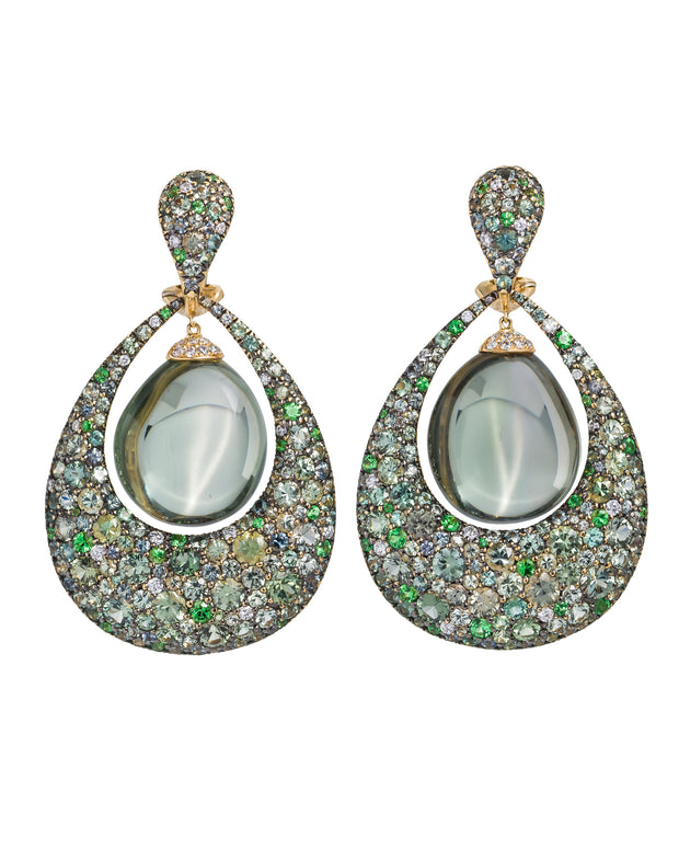 "Greenbell" green amethyst earrings, set with a myriad of gemstones, crafted in 18 karat yellow gold.