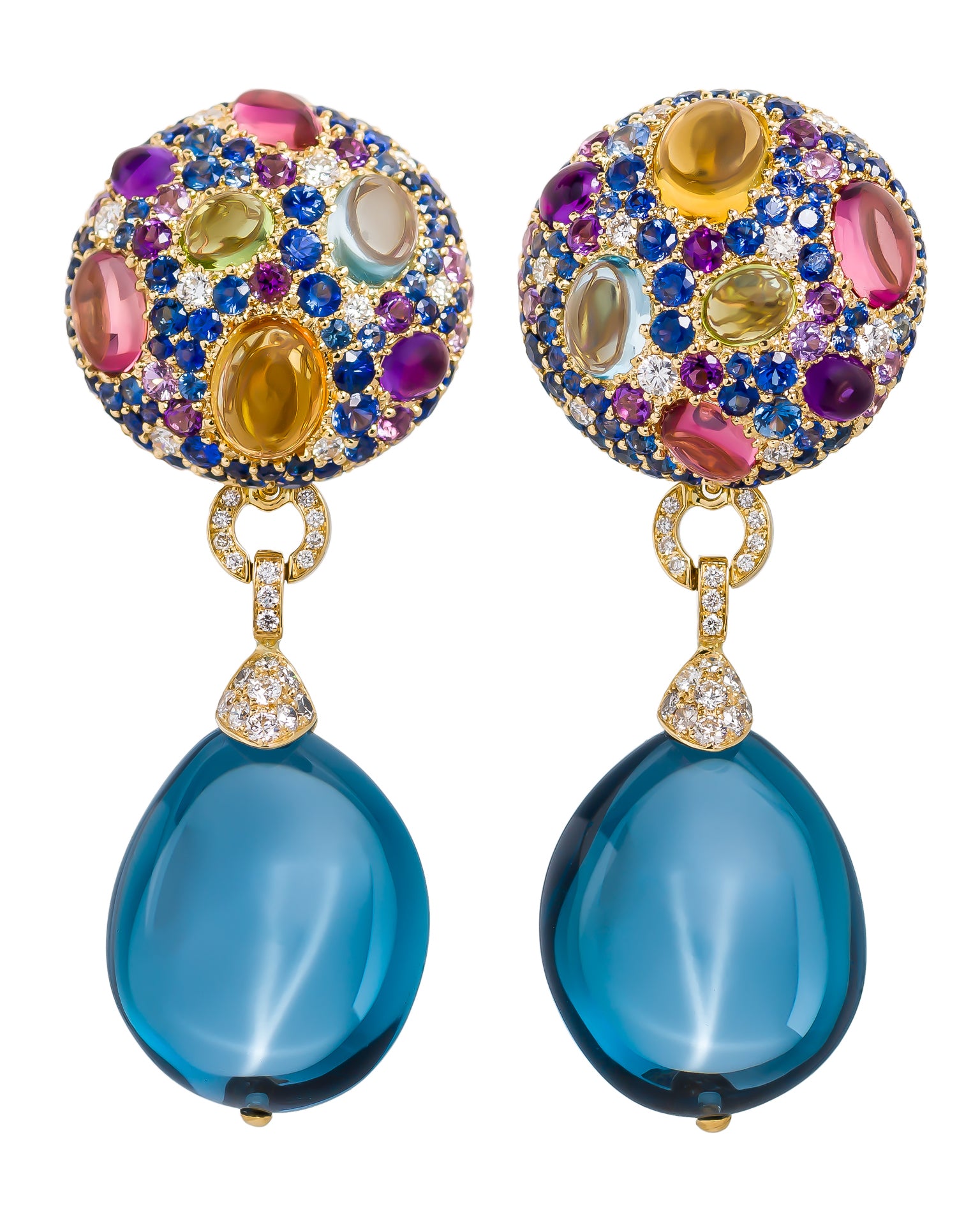 Blue Topaz cookie drop earrings enhanced with a myriad of gemstones and diamonds, crafted in 18 karat yellow gold