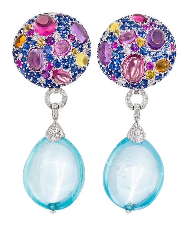 Aquamarine drop cookie earrings with tops enhanced with a myriad of gemstones, crafted in 18 karat white gold