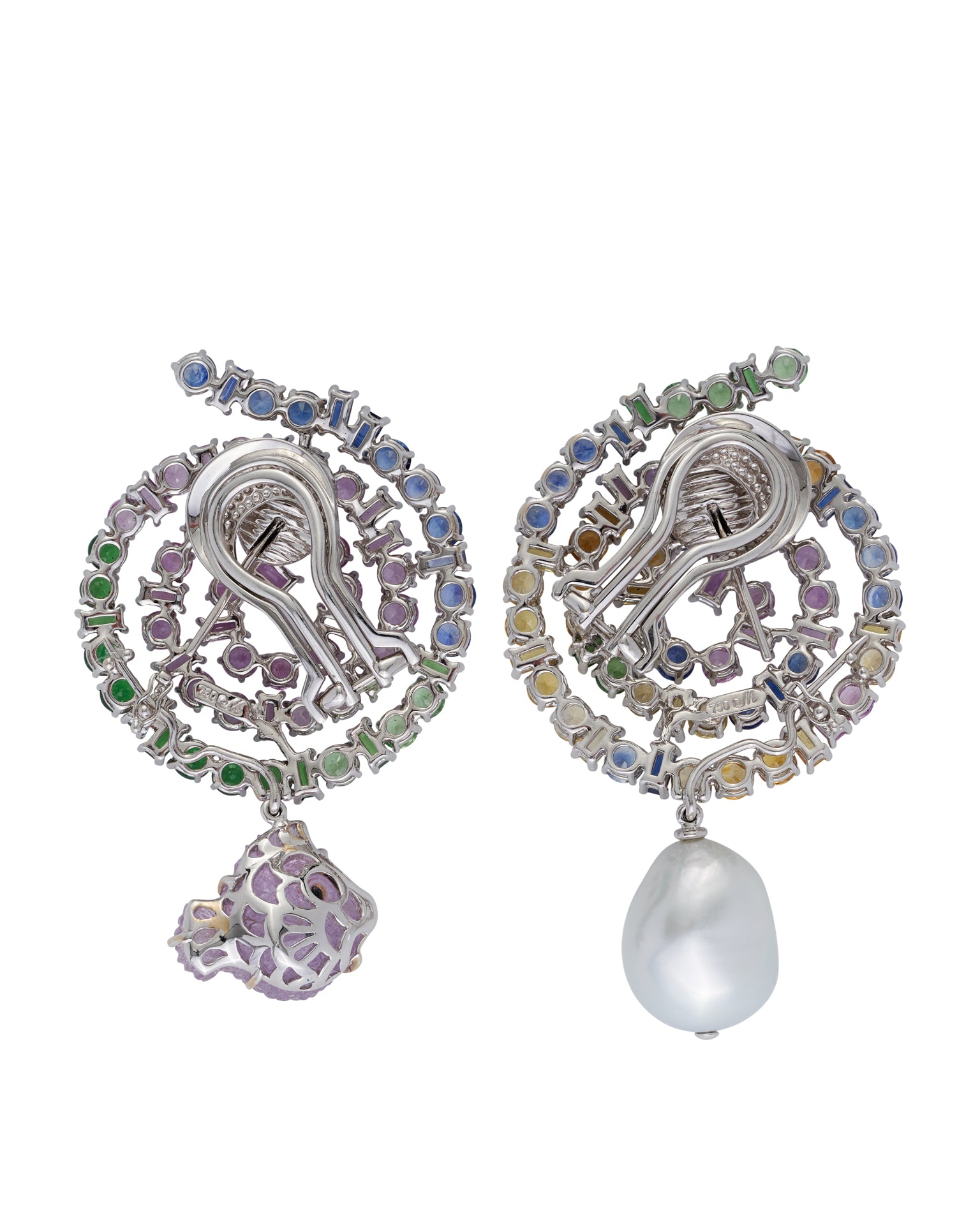 "Circle of Life" earrings with South Sea pearl and carved lavender tourmaline pendants set with tsavorites and pink, blue and yellow sapphires, crafted in 18 karat white gold.