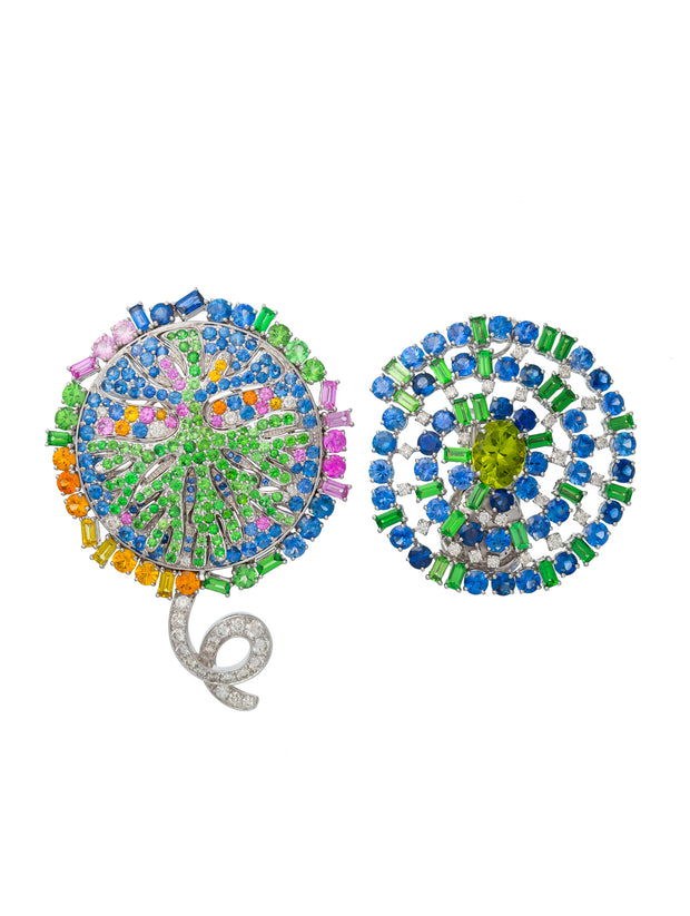"Life and Love Secret Message"  earrings enhanced with a myriad of sapphires, peridot, tsavorite garnet and diamonds, crafted in 18 karat white gold.