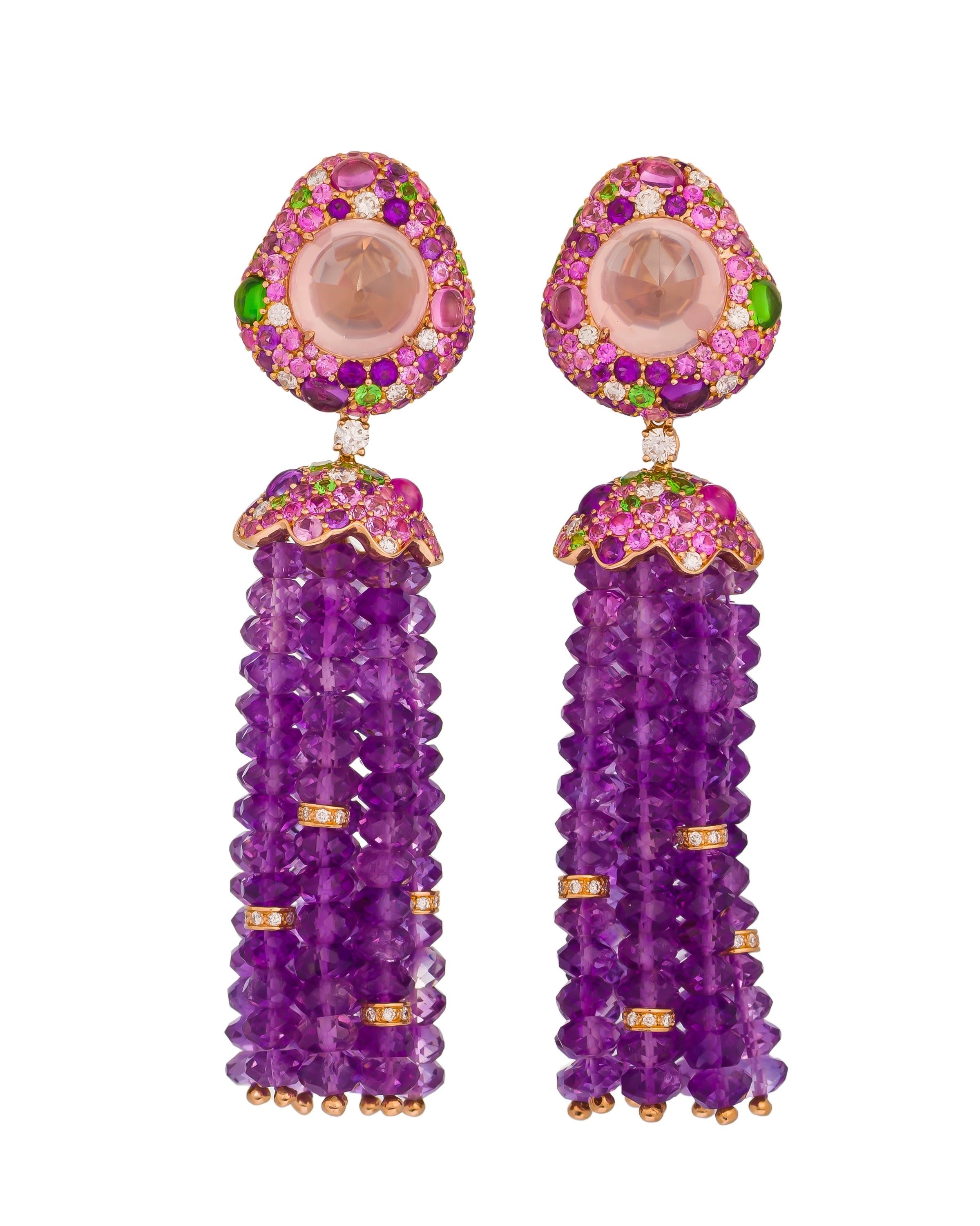 Amethyst tassel earrings with rose quartz tops enhanced with a myriad of gemstones, crafted in 18 karat rose gold