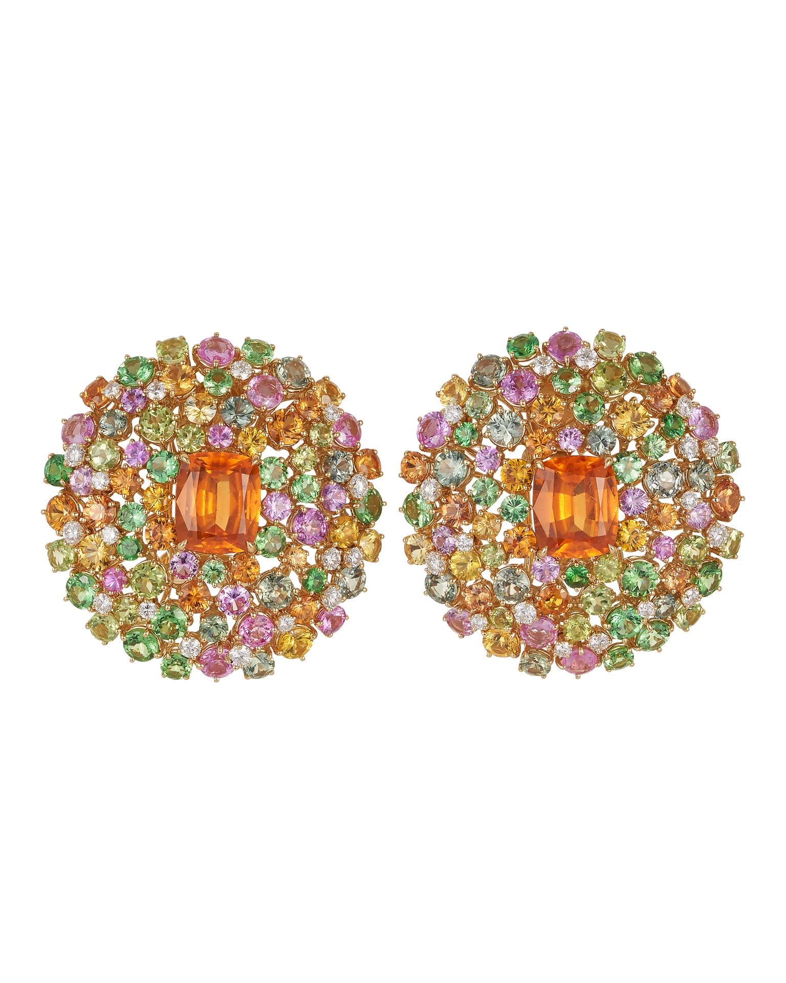 "Orange Burst" mandarin garnet earrings surrounded by a myriad of gemstones, crafted in 18 karat yellow gold.
