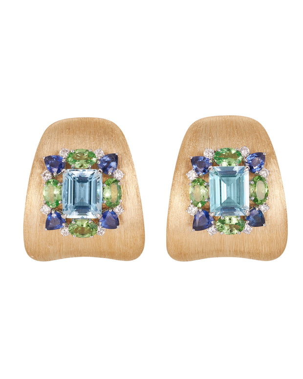 Satin finished earrings, featuring a pair aquamarine, surrounded by diamond, sapphire and tsavorite with double clip and moevable post, crafted in 18 karat white and yellow gold.