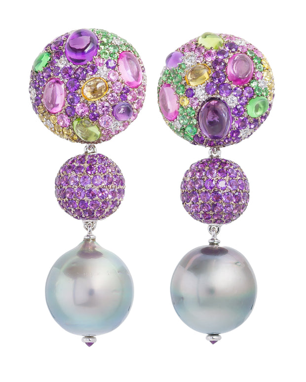 Triple drop cookie earrings with gemstone tops, a sphere of amethyst and South Sea pearl drops, crafted in 18 karat white gold