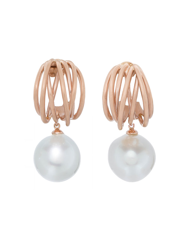 South Sea pearl drop earrings crafted in 18 karat satin finish rose gold.