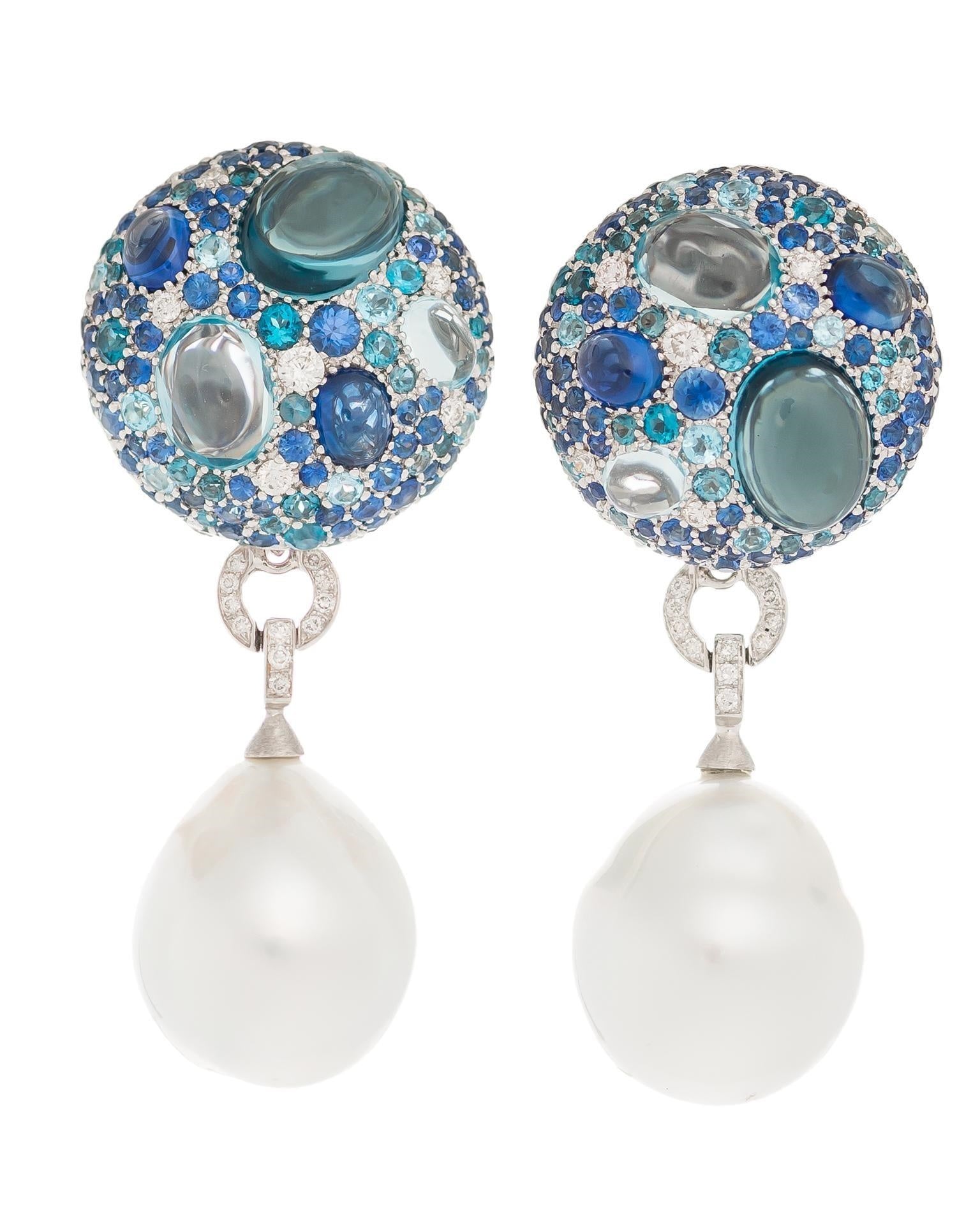South Sea Pearl blue cookie drop earrings with sapphires, blue topaz and diamond tops crafted in 18 karat white gold