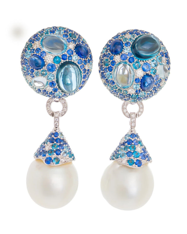 South Sea pearl blue cookie drop earrings  enhanced with diamonds, sapphires and blue sapphires, crafted in 18 karat white gold