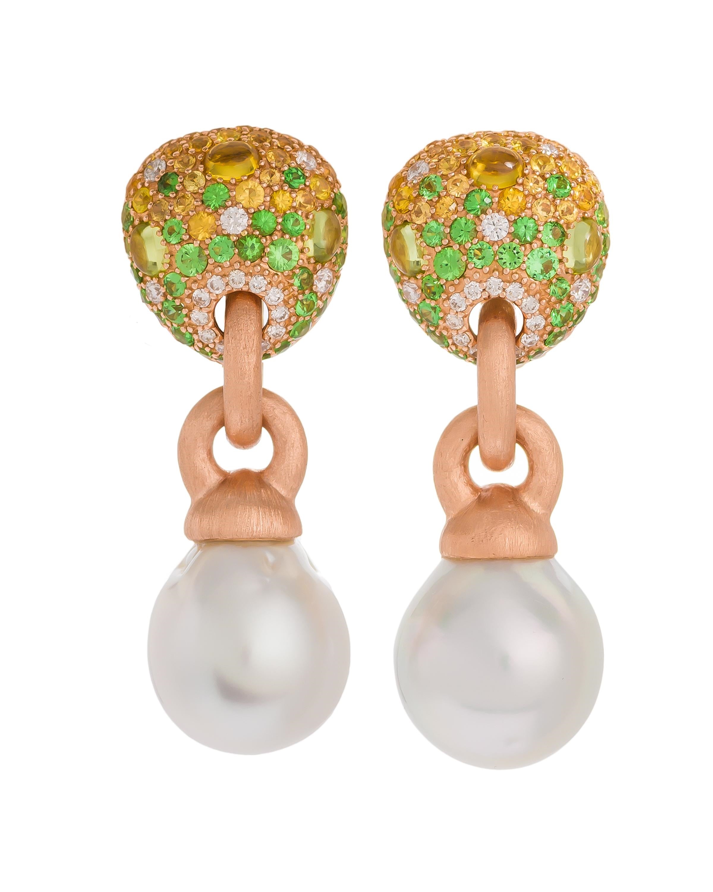 South Sea pearl mini cookie drop earrings enhanced with a myriad of gemstones and diamonds, crafted in 18 karat rose gold