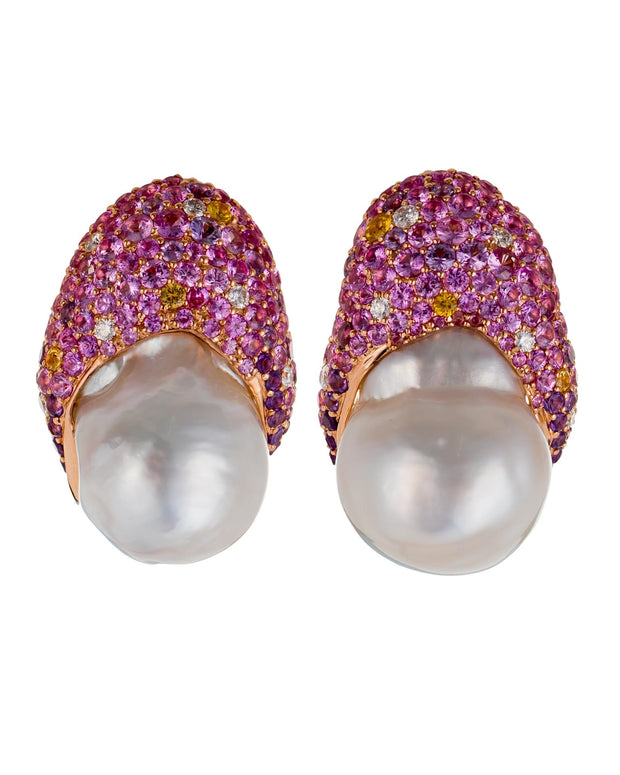 Australian South Sea pearl button earrings enhanced with a myriad of gemstones, crafted in 18 karat rose gold