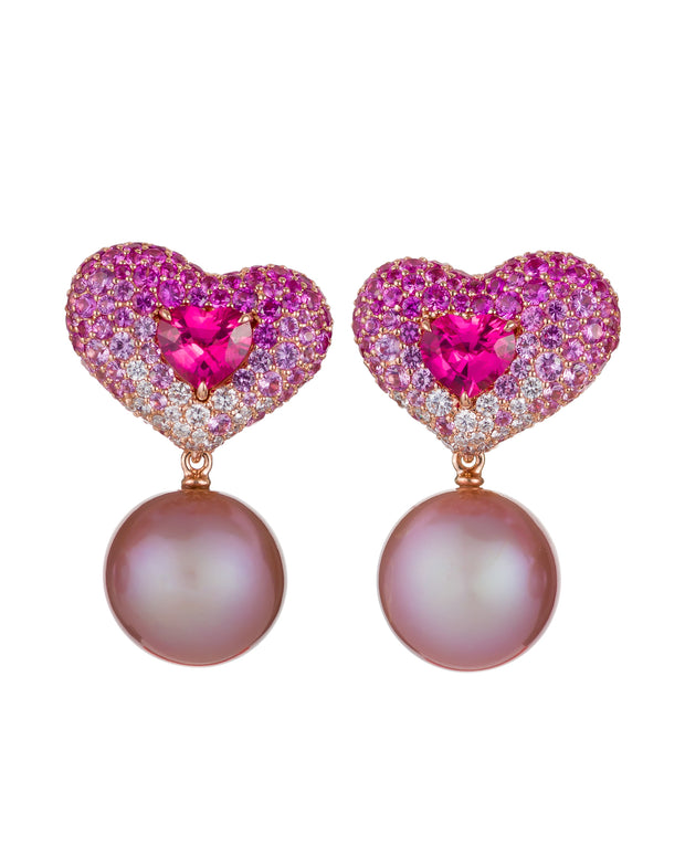 Sweetheart pink spinel earrings enhanced with diamonds and pink sapphires with pink pearl drops, crafted in 18 karat rose gold.