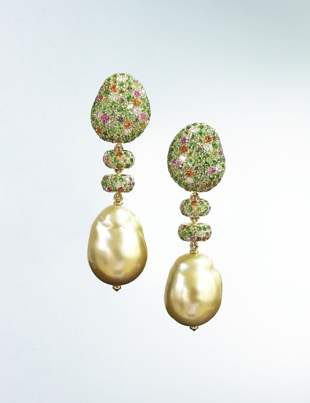 Bliss golden pearl drop earrings enhanced with a myriad of gemstones and diamonds, crafted in 18 karat yellow and white gold