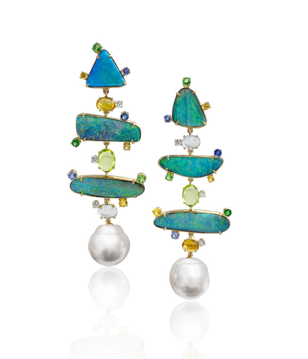 Opal and pearl 'totem' earrings, featuring a suite of complimentary natural Australian Queensland Boulder opal, enhanced with a myriad of gemstones, crafted in 18 karat yellow gold. Finished with a detachable pair of Australian South Sea pearls.