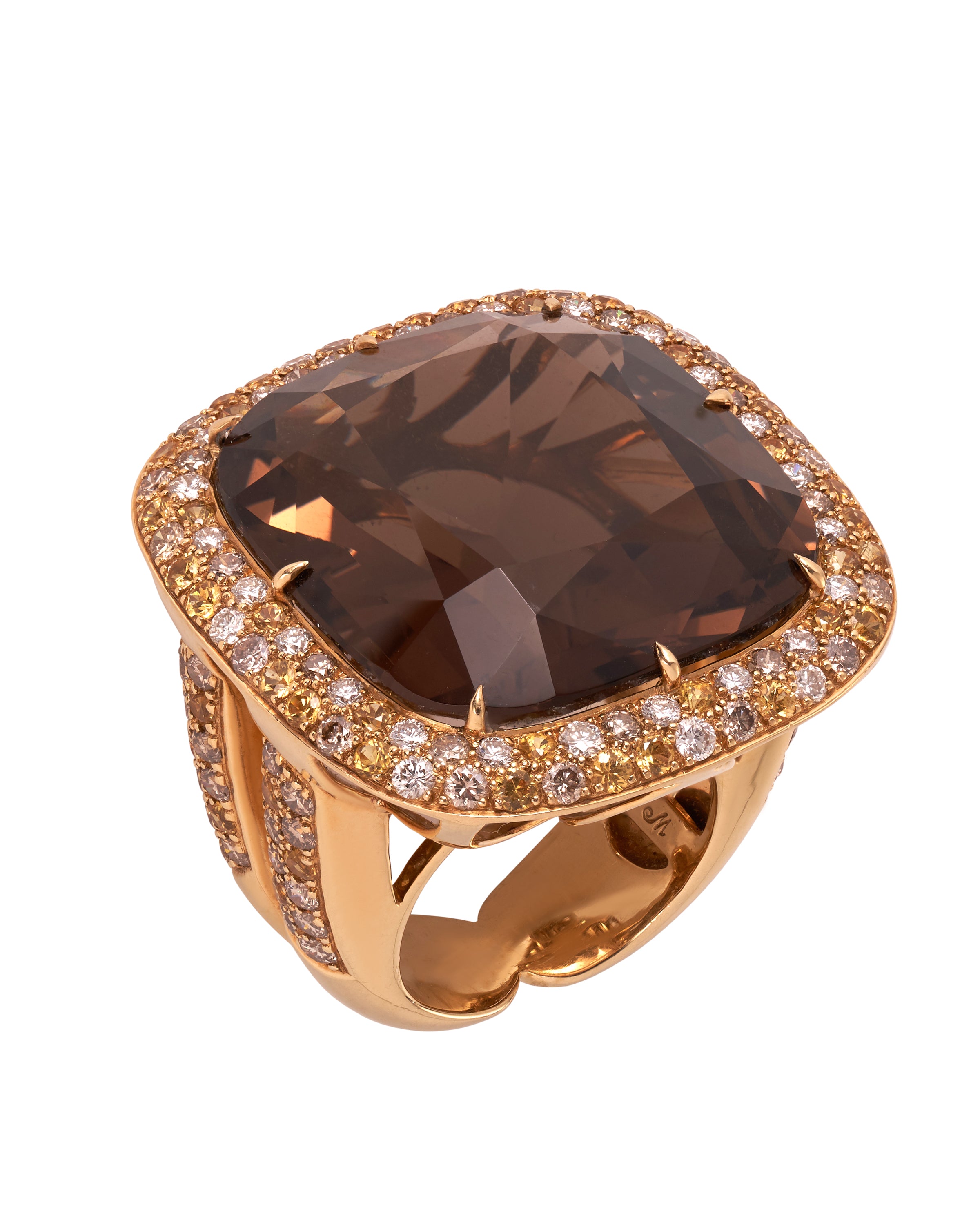 Bold Smoky Topaz cocktail ring enhanced yellow sapphires, brown and white diamonds, crafted in 18 karat yellow gold.