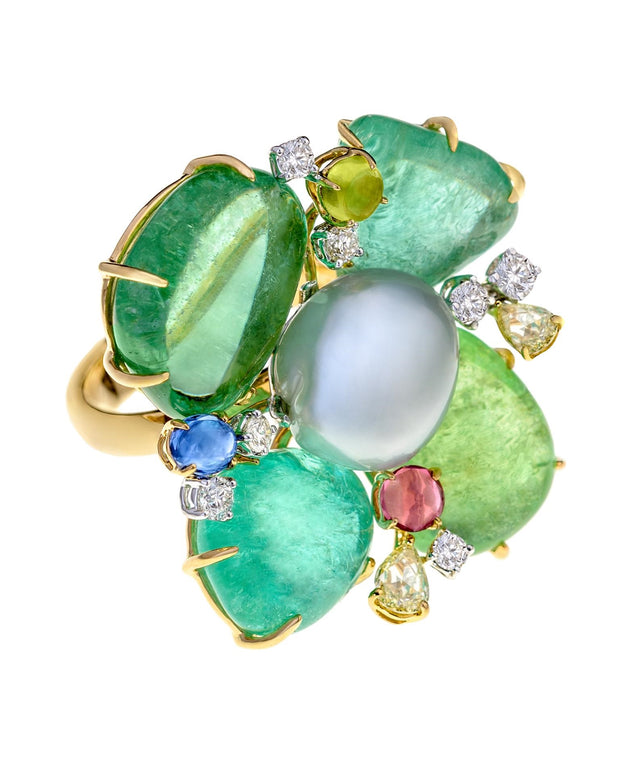 Australian South Sea Pearl Flower Ring with petals of Paraiba tourmaline enhanced with a myriad of gemstones, crafted in 18 karat yellow gold