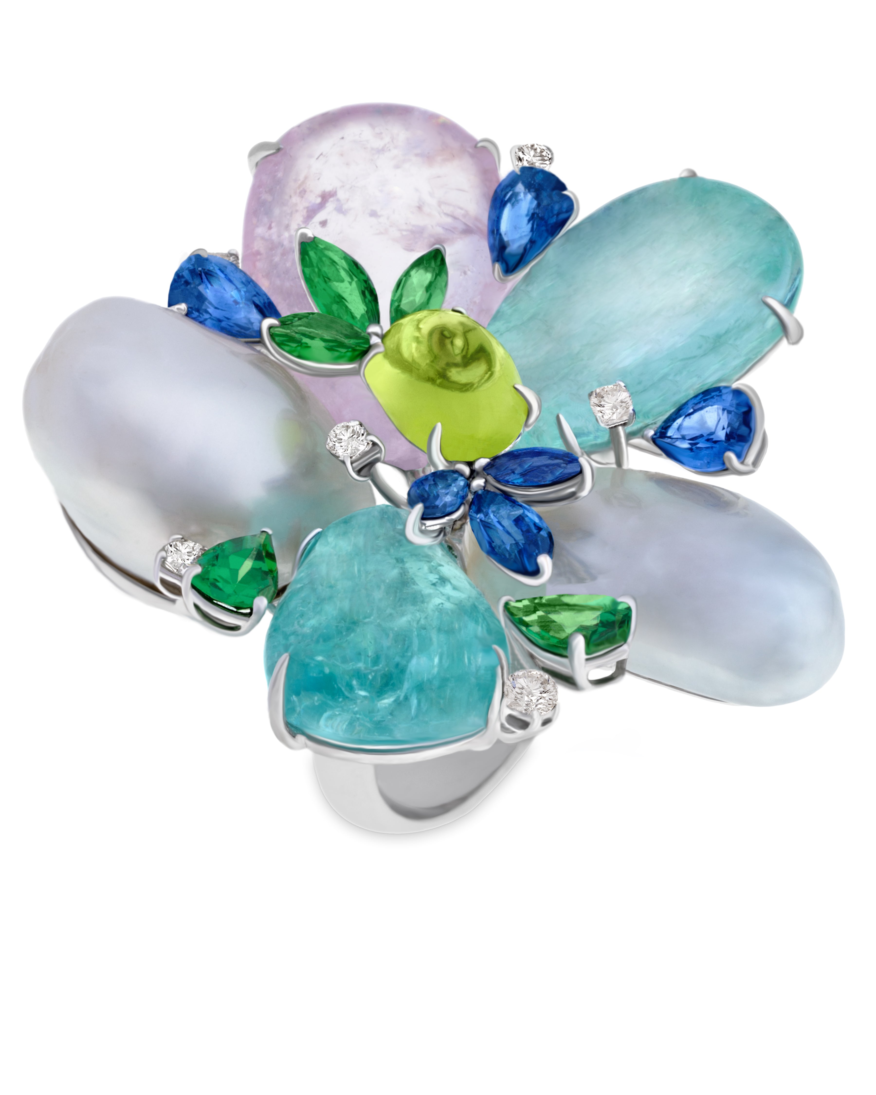Paraiba and Pearl Petal Ring with a myriad of gemstones, crafted in 18 karat white gold