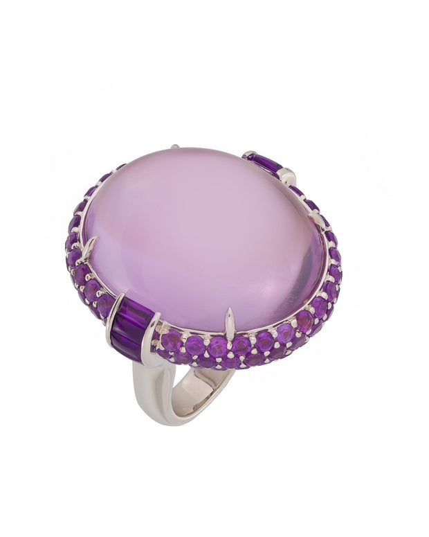 Amethyst cabochon ring enhanced with pave amethyst, crafted in 18 karat white gold