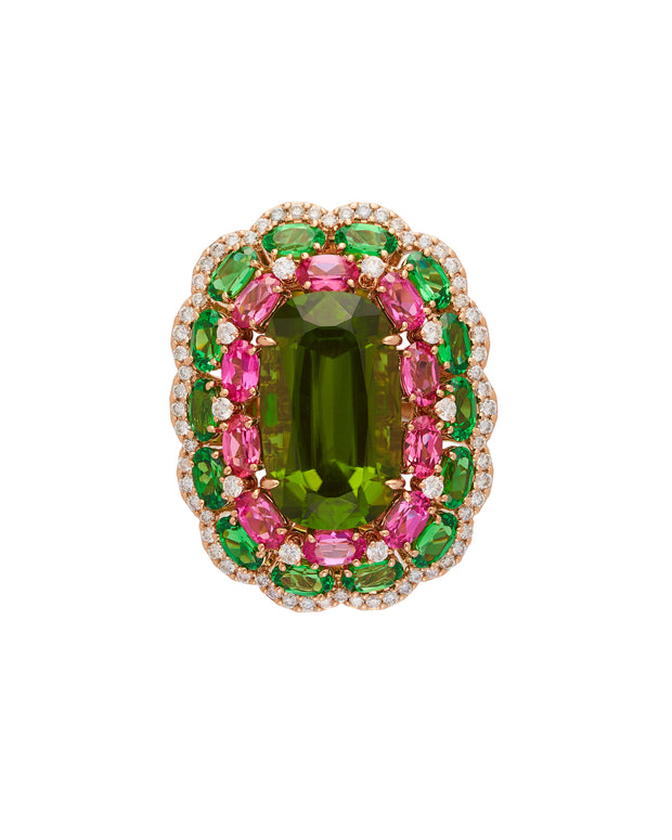 Lace Peridot and Pink Spinel Ring enhanced with a myriad of gemstones, crafted in 18 karat rose gold