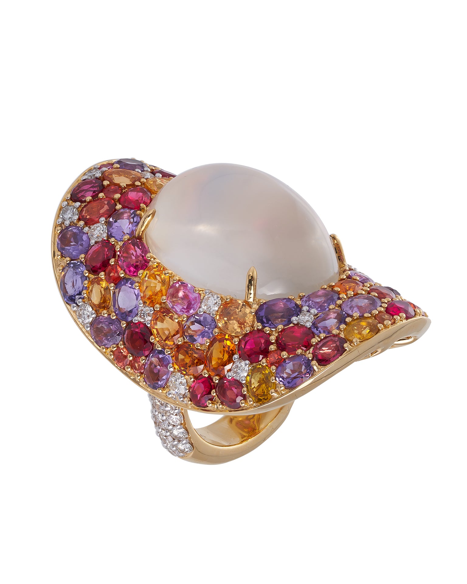 ‘Aura’ Moonstone Ring enhanced with diamonds and a myriad of gemstones, crafted in 18 karat yellow gold