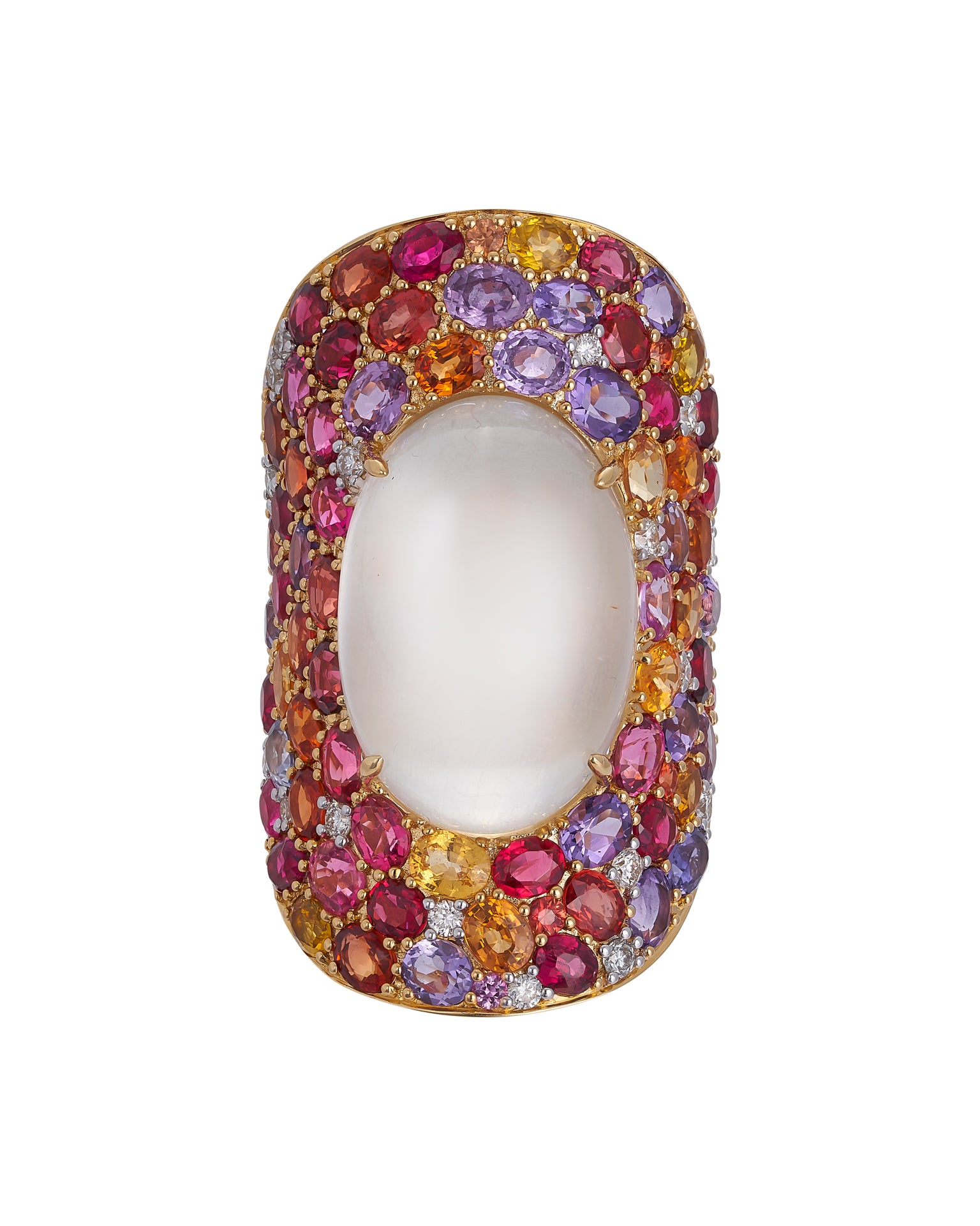 ‘Aura’ Moonstone Ring enhanced with diamonds and a myriad of gemstones, crafted in 18 karat yellow gold
