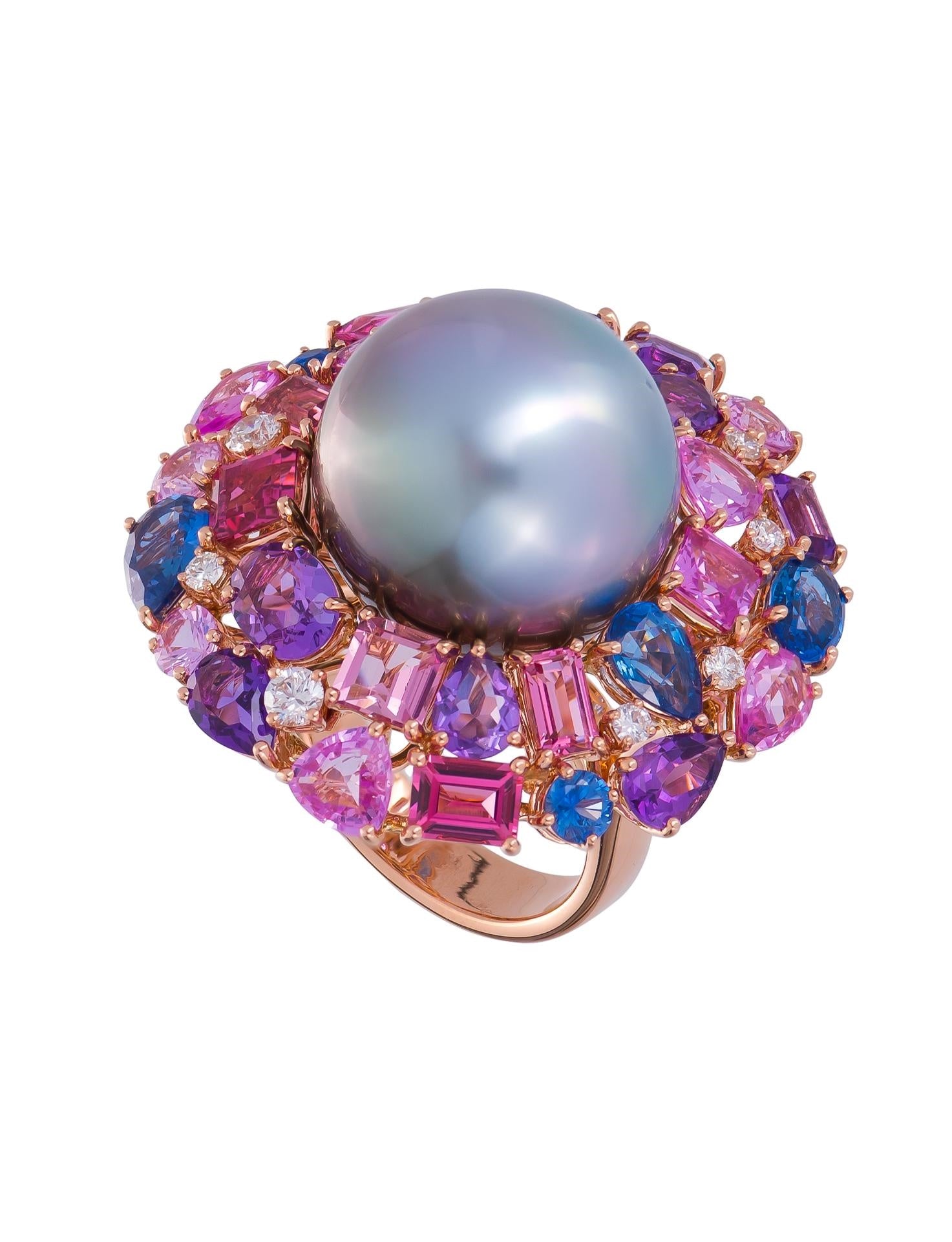 Tahitian Pearl Swirl Cocktail Ring surrounded by a myriad of gemstones, crafted in 18 karat rose gold