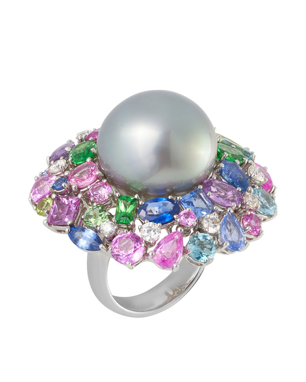 Tahitian pearl ring surounded by a myriad of gemstones, crafted in 18 karat white gold.