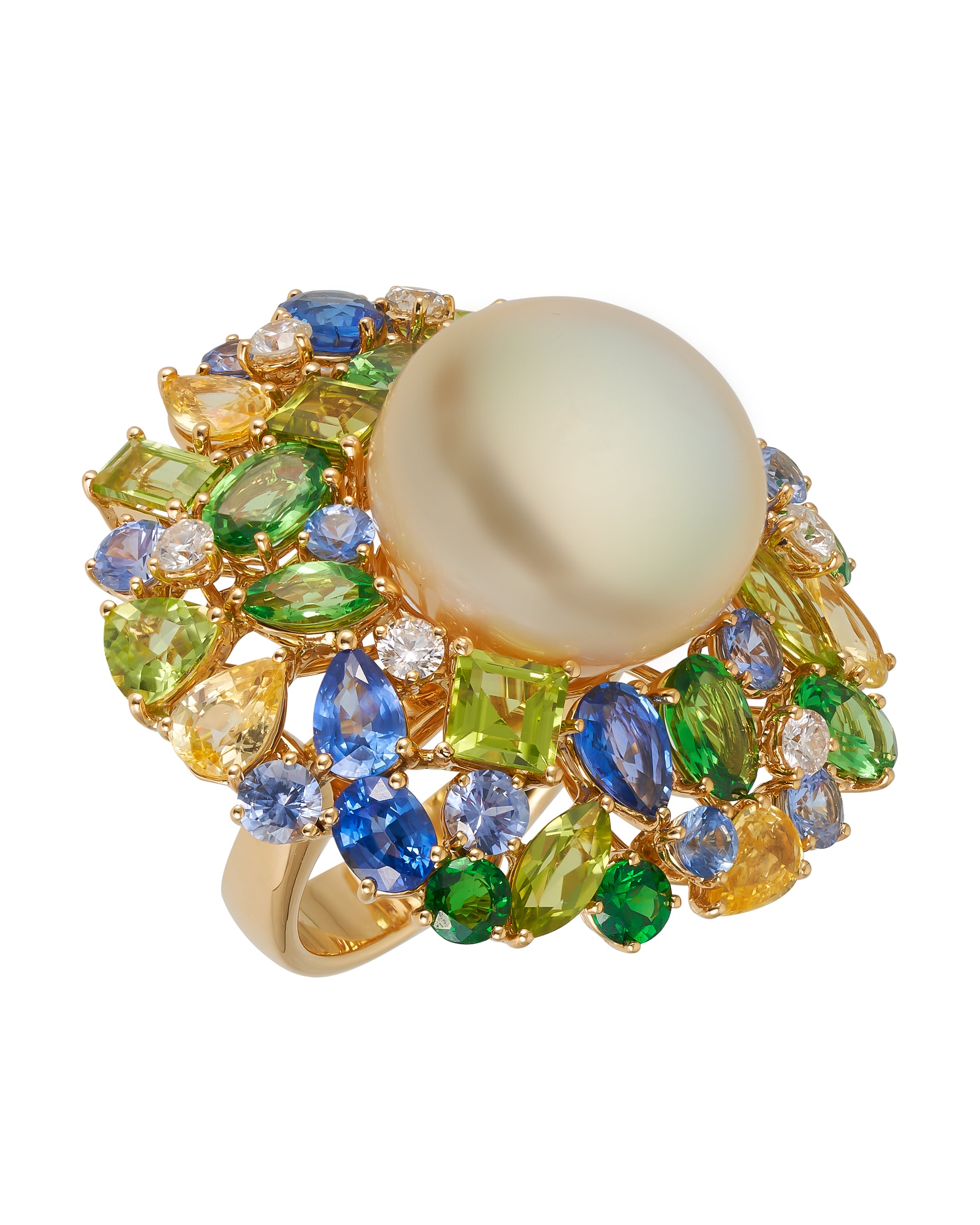 Golden Pearl Swirl ring surrounded by a myriad of gemstones, crafted in 18 karat yellow gold