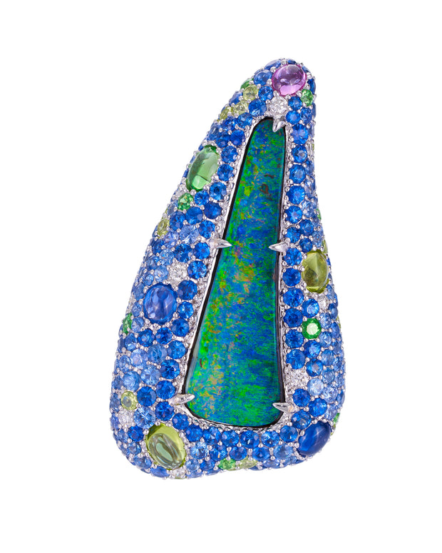 Paradise Australian Opal Ring surrounded by diamonds and a myriad of gemstones, crafted in 18 karat white gold