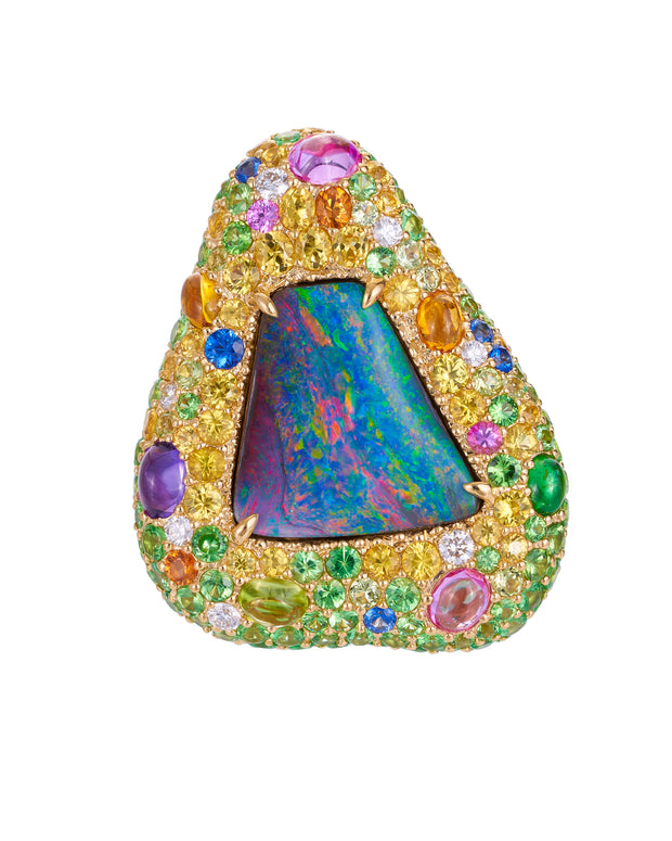 Australian opal ring enhanced with a myriad of gemstones, crafted in 18 karat yellow gold
