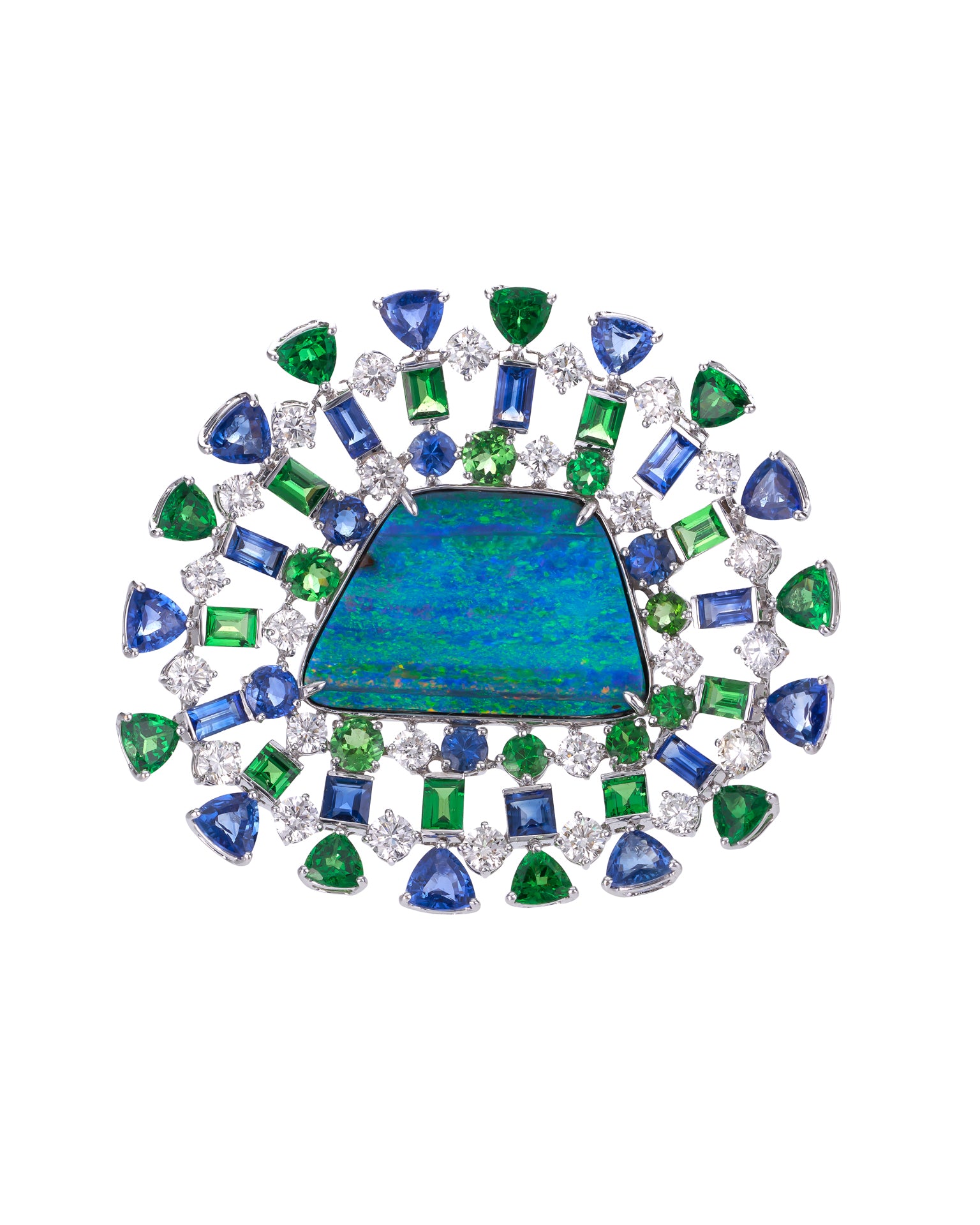 Australian Opal Mauritius Ring surrounded by diamonds, sapphires and tsavorite, crafted in 18 karat white gold