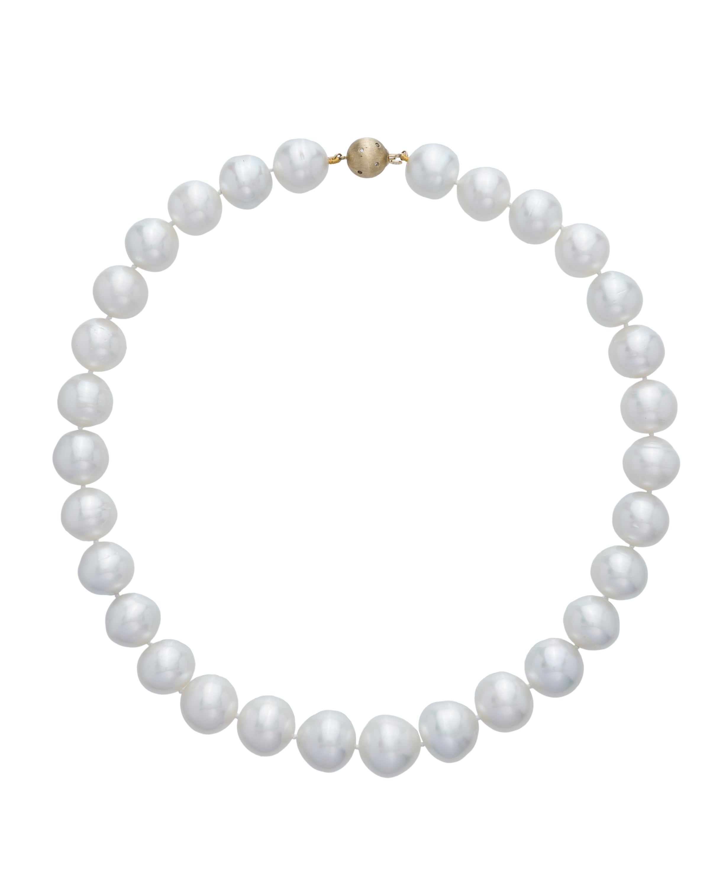 Australian South Sea pearl strand featuring a diamond set clasp, crafted in 18 karat yellow gold.