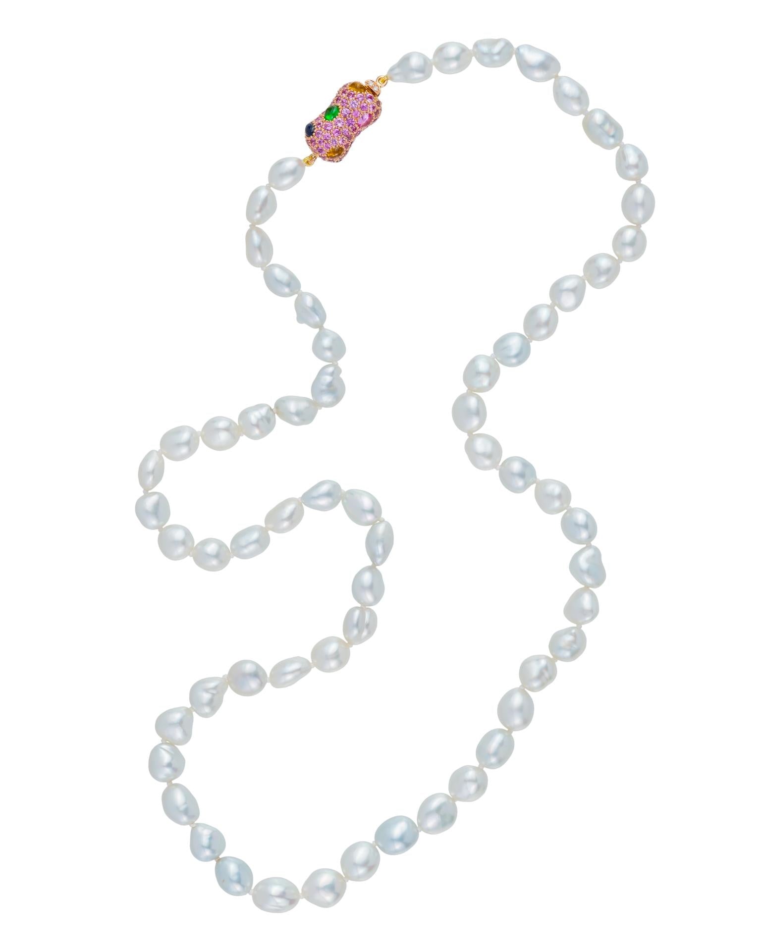 South Sea Keshi pearl necklace featuring a clasp set with a myriad of gemstones, craftedin 18 karat rose gold.