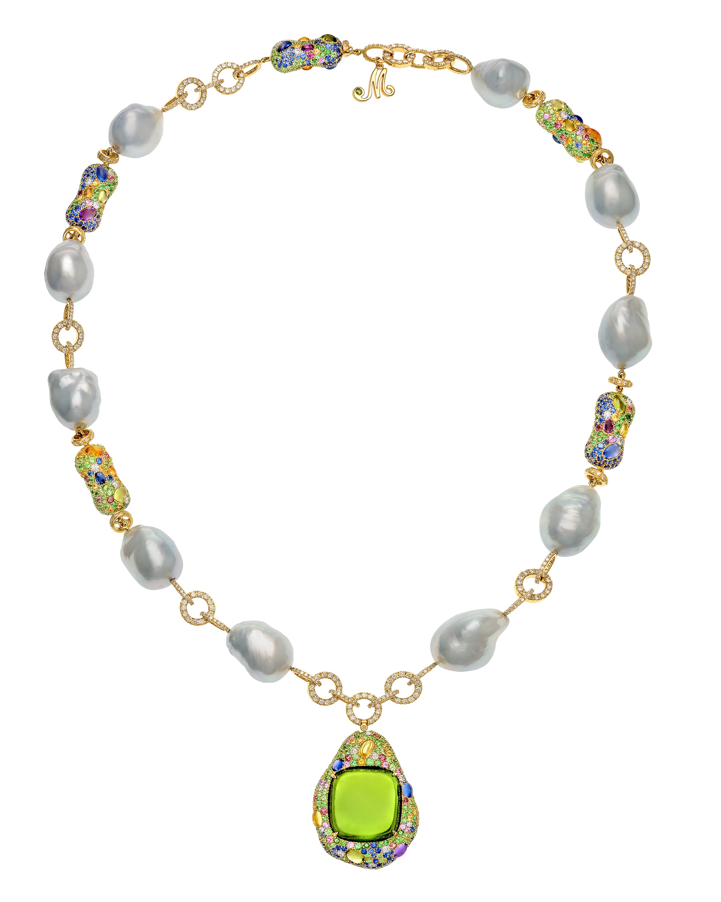 Green tourmaline necklace featuring South Sea pearls enhanced with a myriad of gemstones, crafted in 18 karat yellow gold.